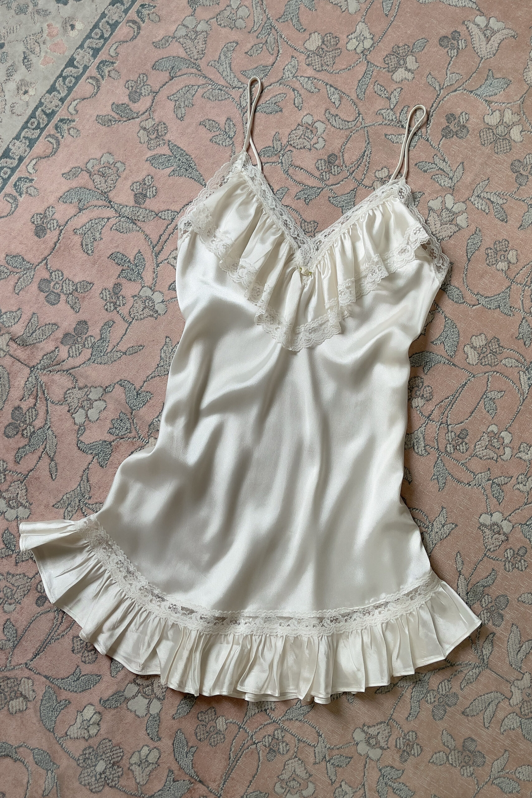 Vintage 1990s Ivory Satin Lace Ruffle Slip Dress (S) - Image 10