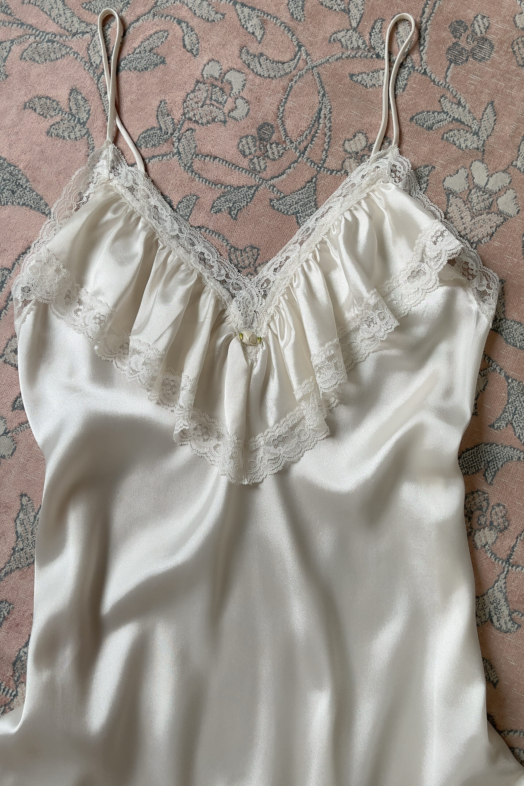 Vintage 1990s Ivory Satin Lace Ruffle Slip Dress (S) - Image 11