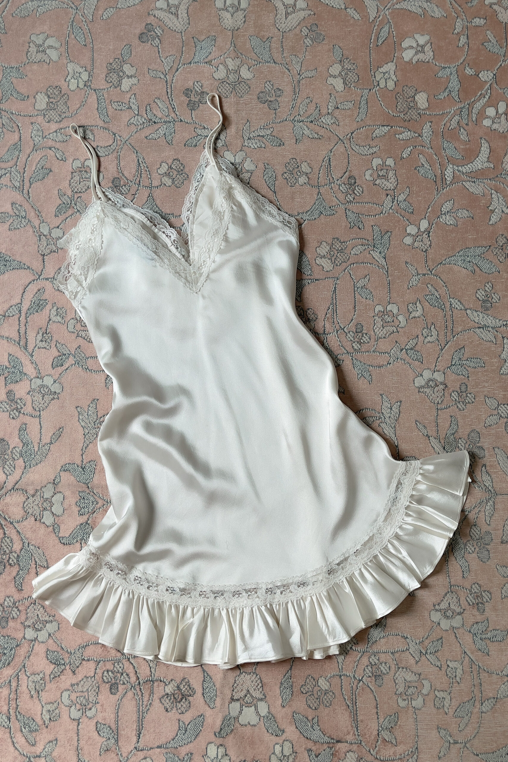 Vintage 1990s Ivory Satin Lace Ruffle Slip Dress (S) - Image 14