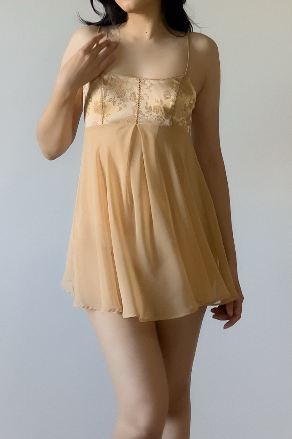 Vintage 1990s Champagne-Gold Jacquard & Chiffon Slip Dress (XS) - Image 5