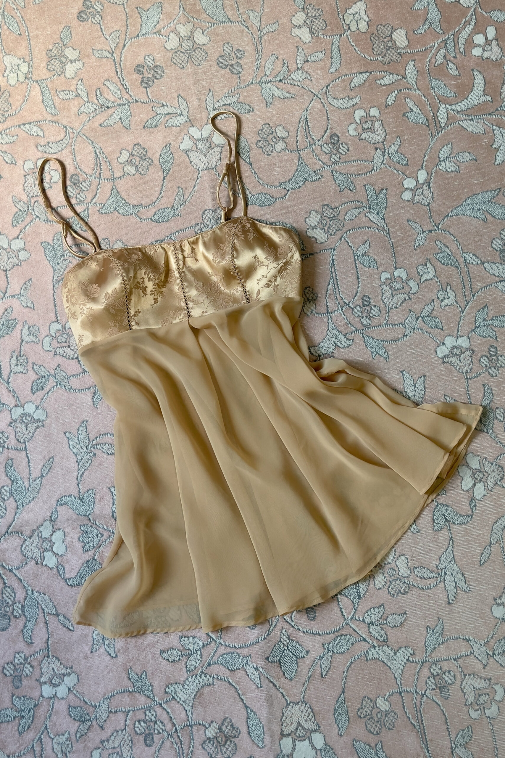 Vintage 1990s Champagne-Gold Jacquard & Chiffon Slip Dress (XS) - Image 8
