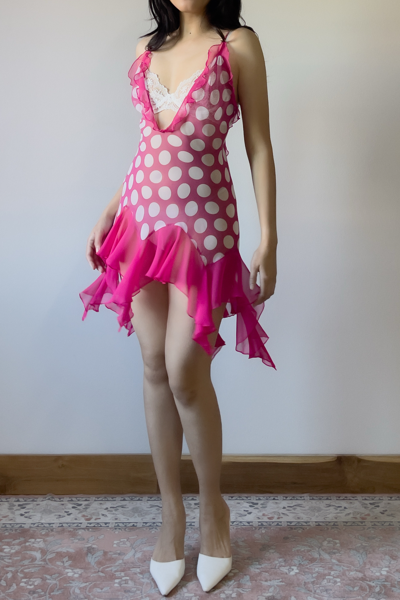 Vintage Pink Polka Dot Ruffled Chiffon Slip Dress (S–M) - Image 2