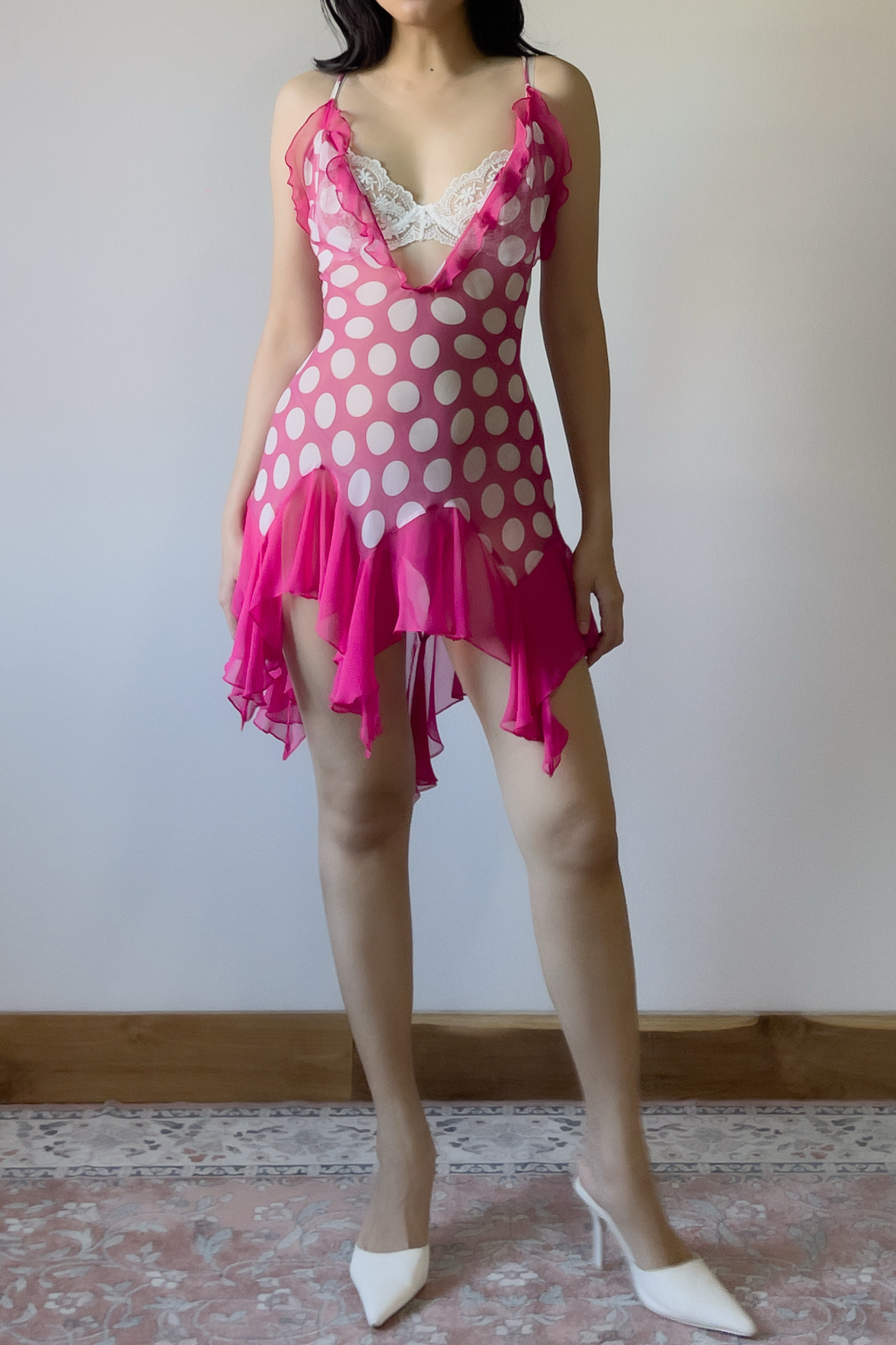 Vintage Pink Polka Dot Ruffled Chiffon Slip Dress (S–M) - Image 4