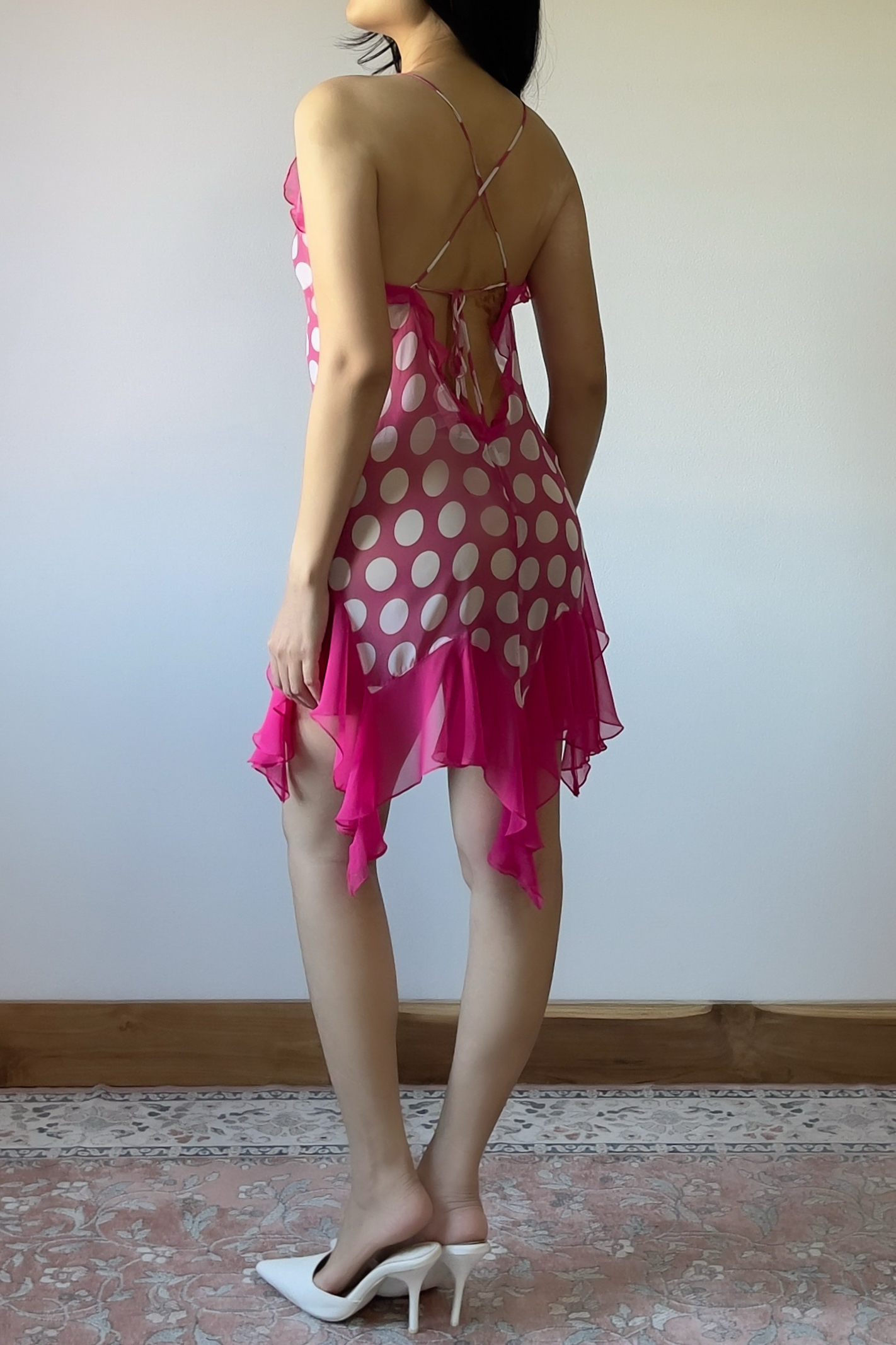 Vintage Pink Polka Dot Ruffled Chiffon Slip Dress (S–M) - Image 7