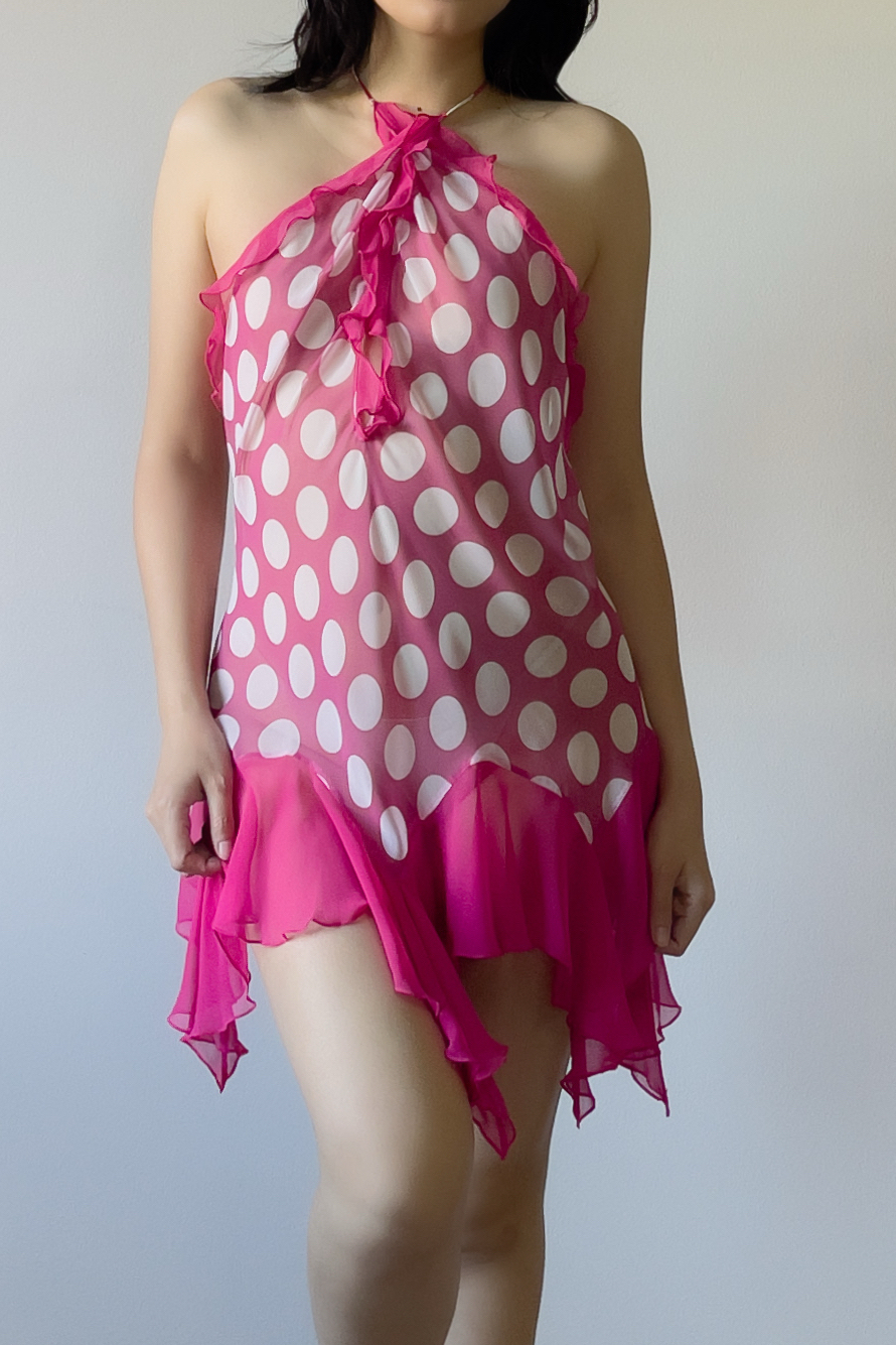 Vintage Pink Polka Dot Ruffled Chiffon Slip Dress (S–M) - Image 8