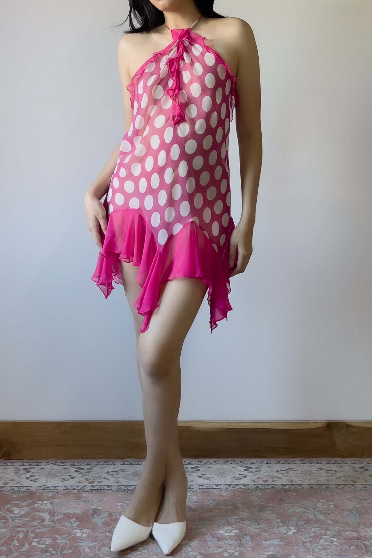 Vintage Pink Polka Dot Ruffled Chiffon Slip Dress (S–M) - Image 9