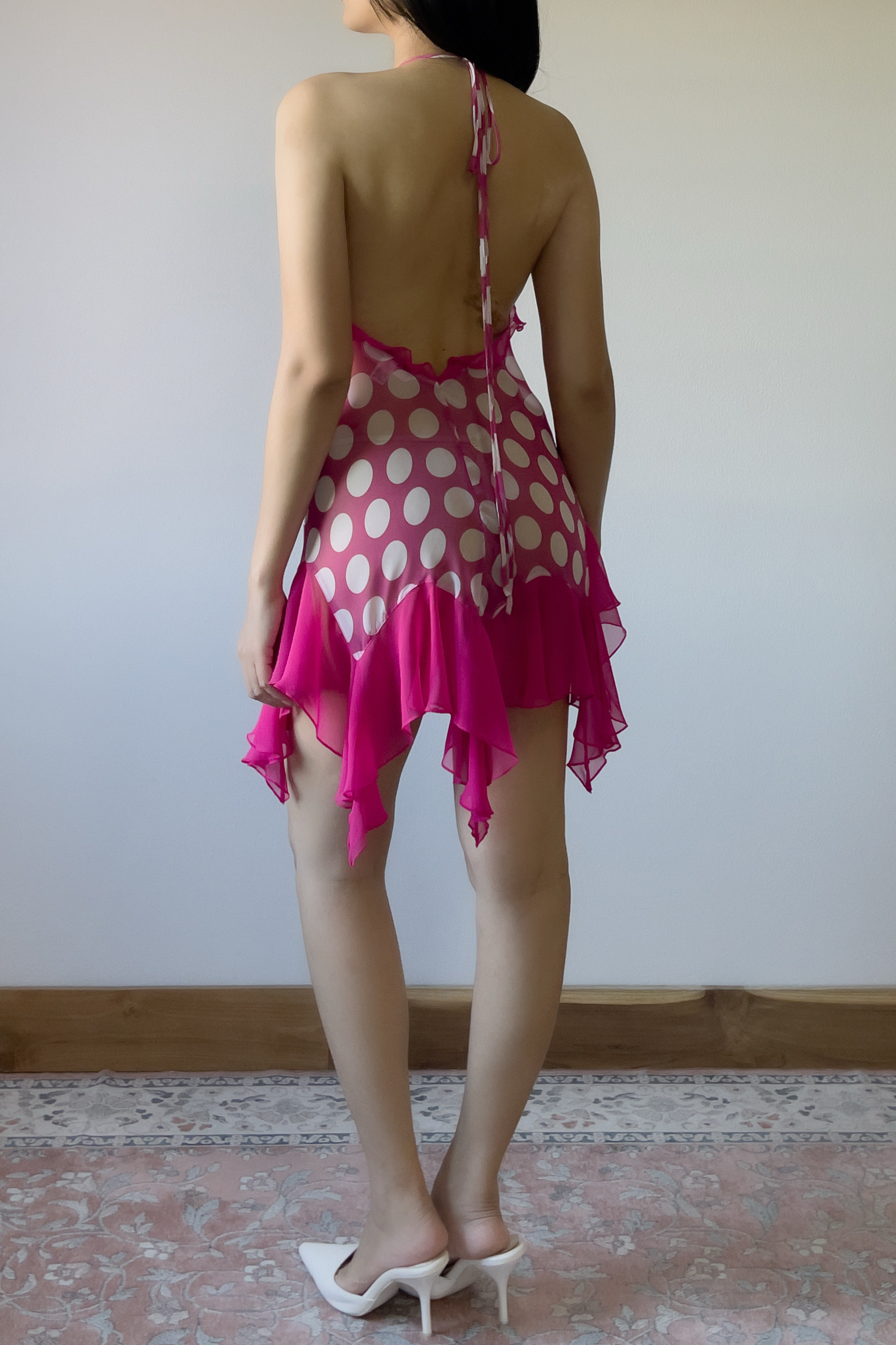Vintage Pink Polka Dot Ruffled Chiffon Slip Dress (S–M) - Image 10