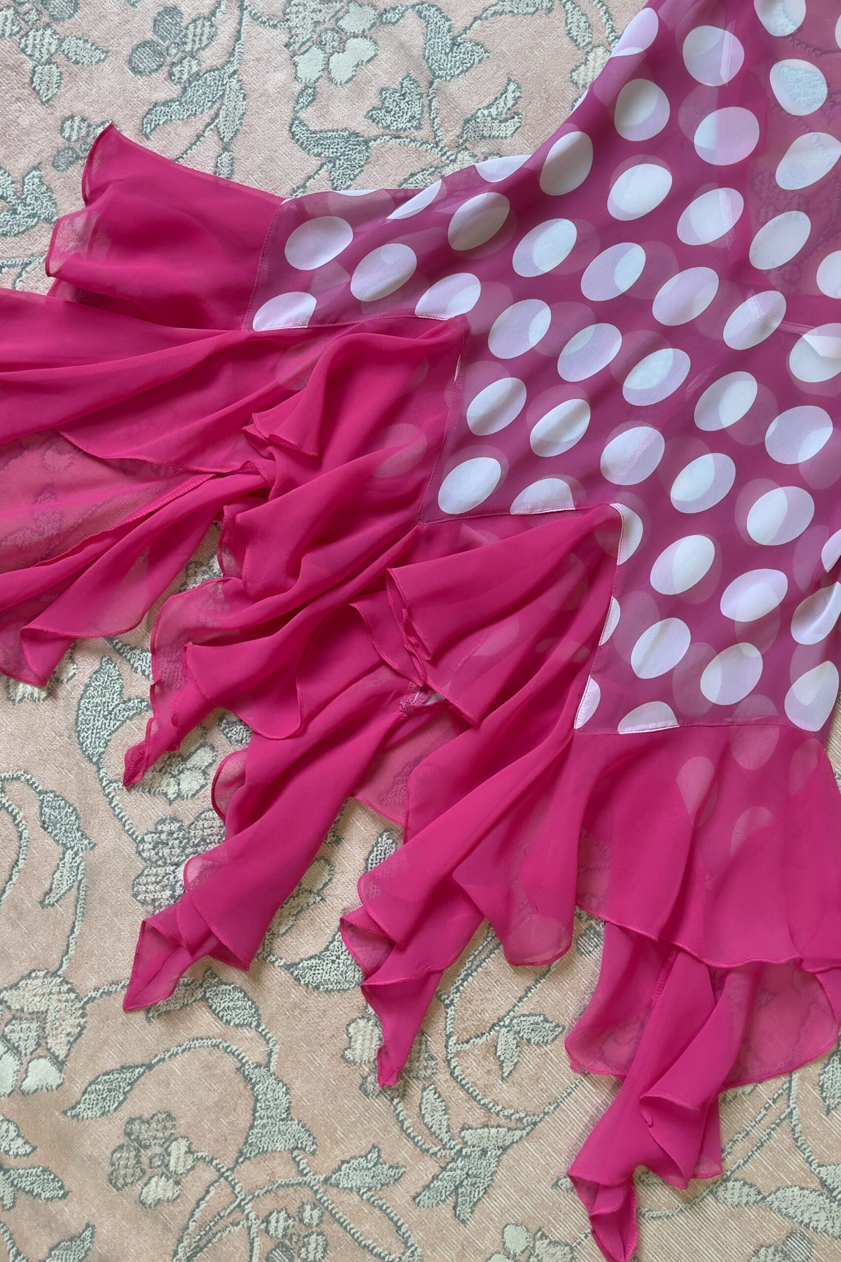 Vintage Pink Polka Dot Ruffled Chiffon Slip Dress (S–M) - Image 13