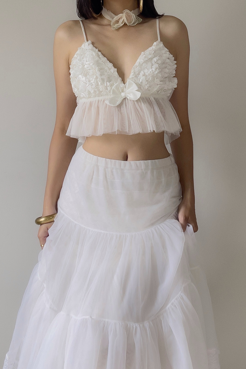 Romantic Soft White Mesh Floral Camisole Top (M)