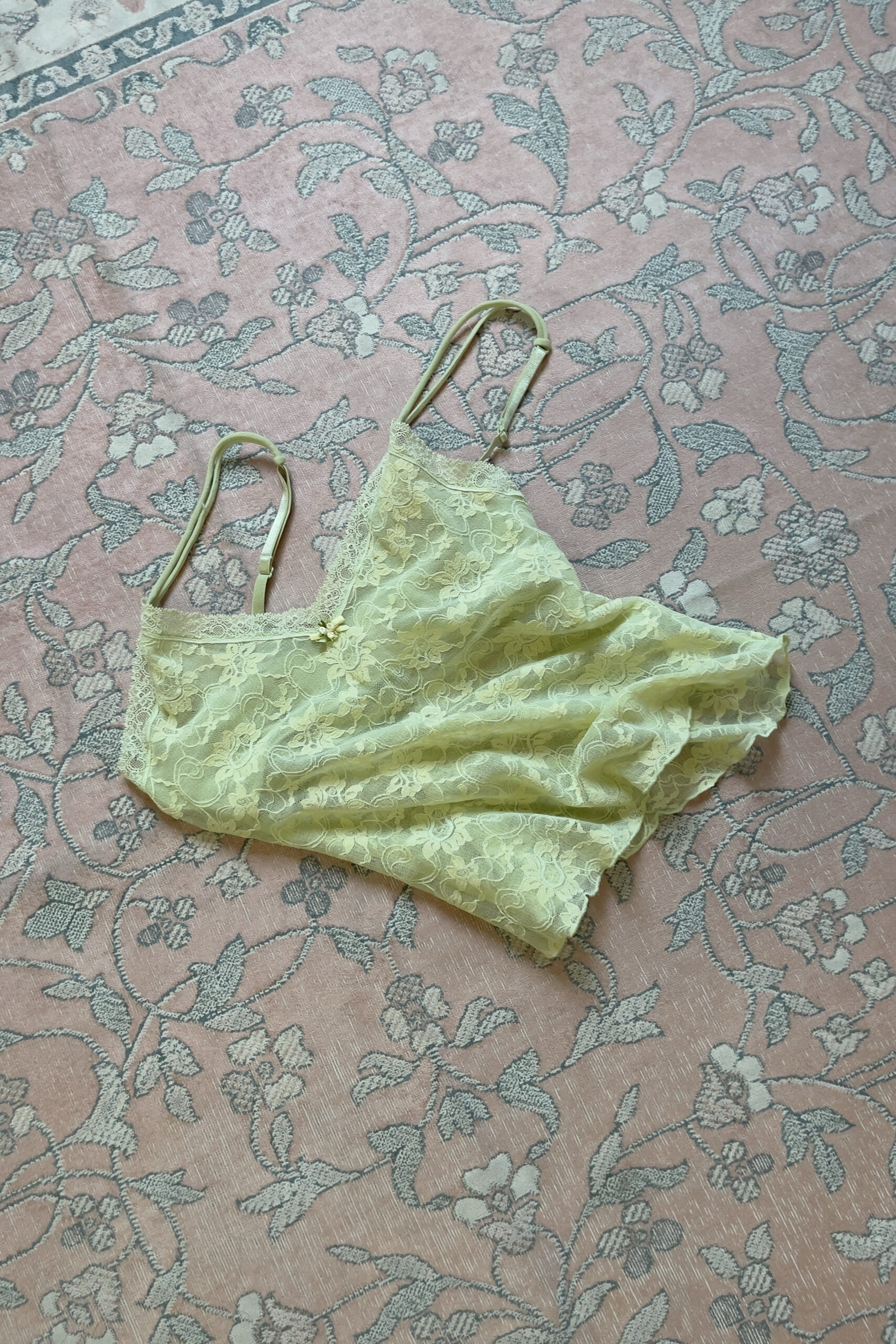 Vintage Pastel Green Floral Mesh Lace Camisole (S–M)