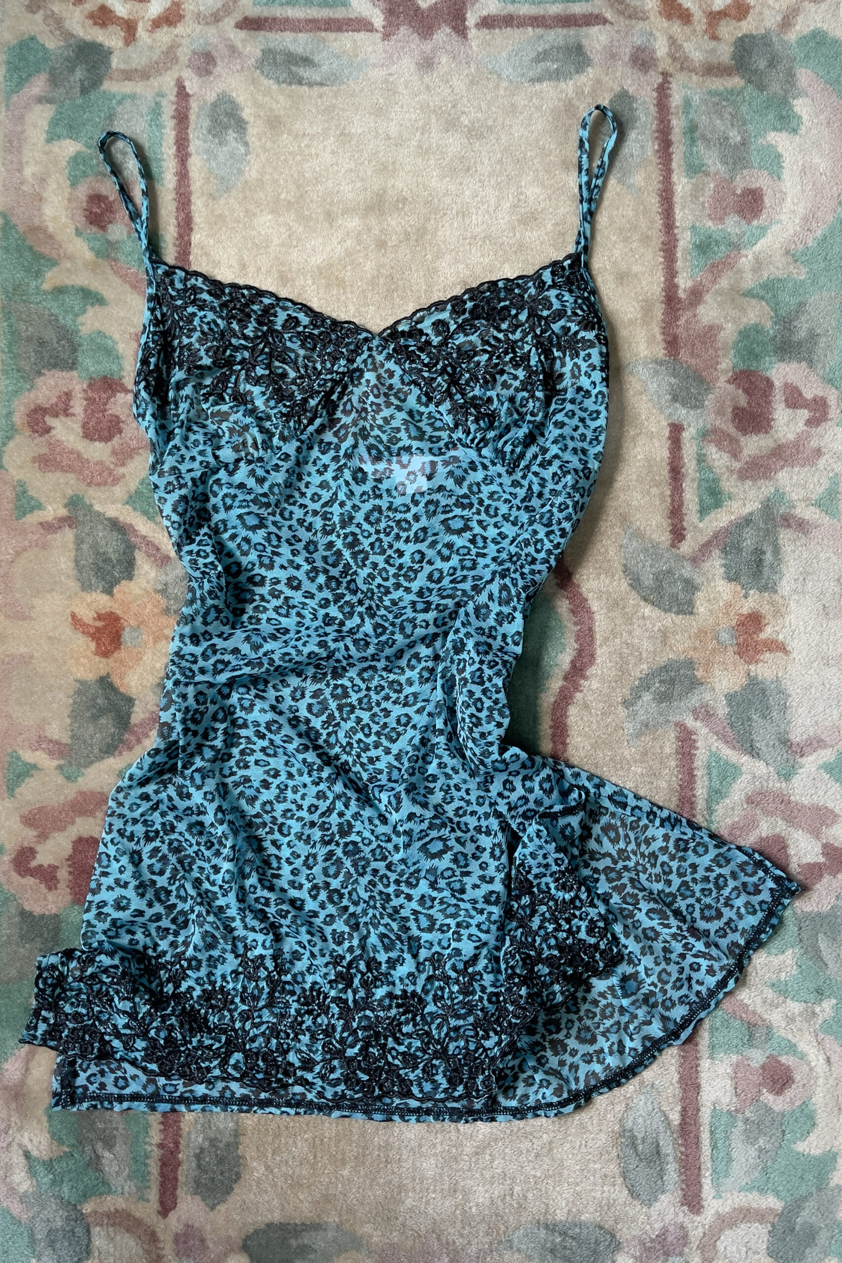 Vintage Blue Leopard Print Semi-Sheer Mesh Slip Dress (S–M)