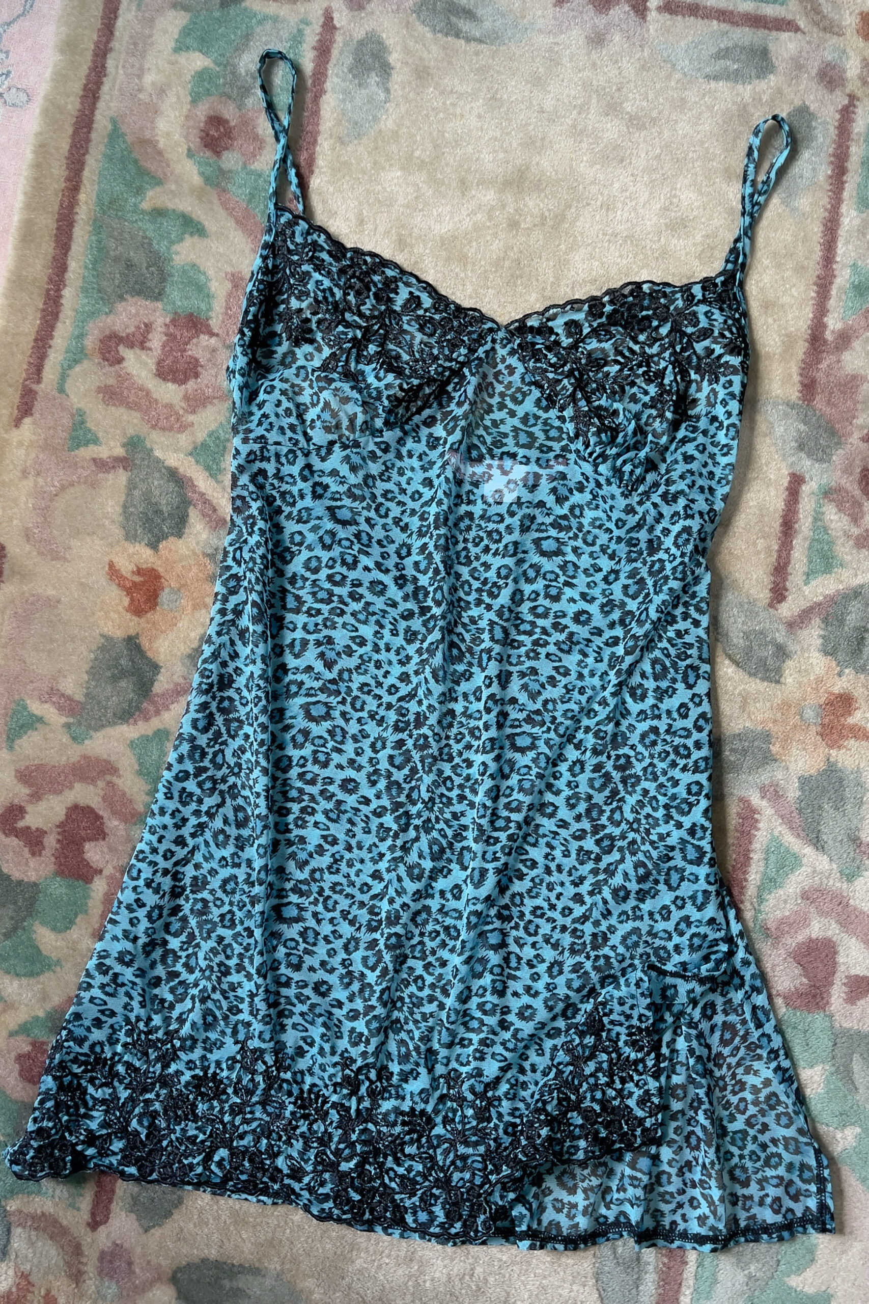 Vintage Blue Leopard Print Semi-Sheer Mesh Slip Dress (S–M) - Image 2