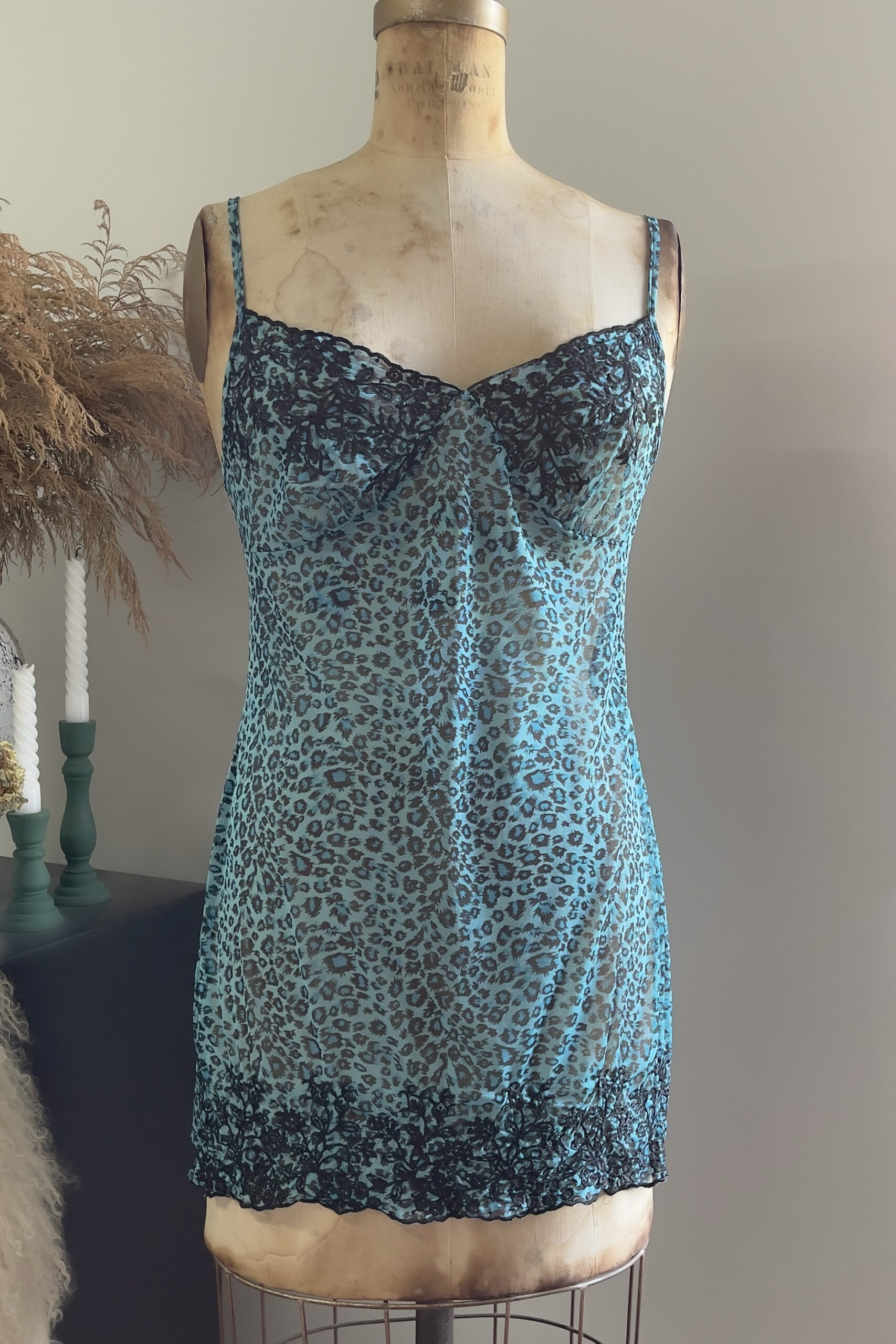 Vintage Blue Leopard Print Semi-Sheer Mesh Slip Dress (S–M) - Image 4