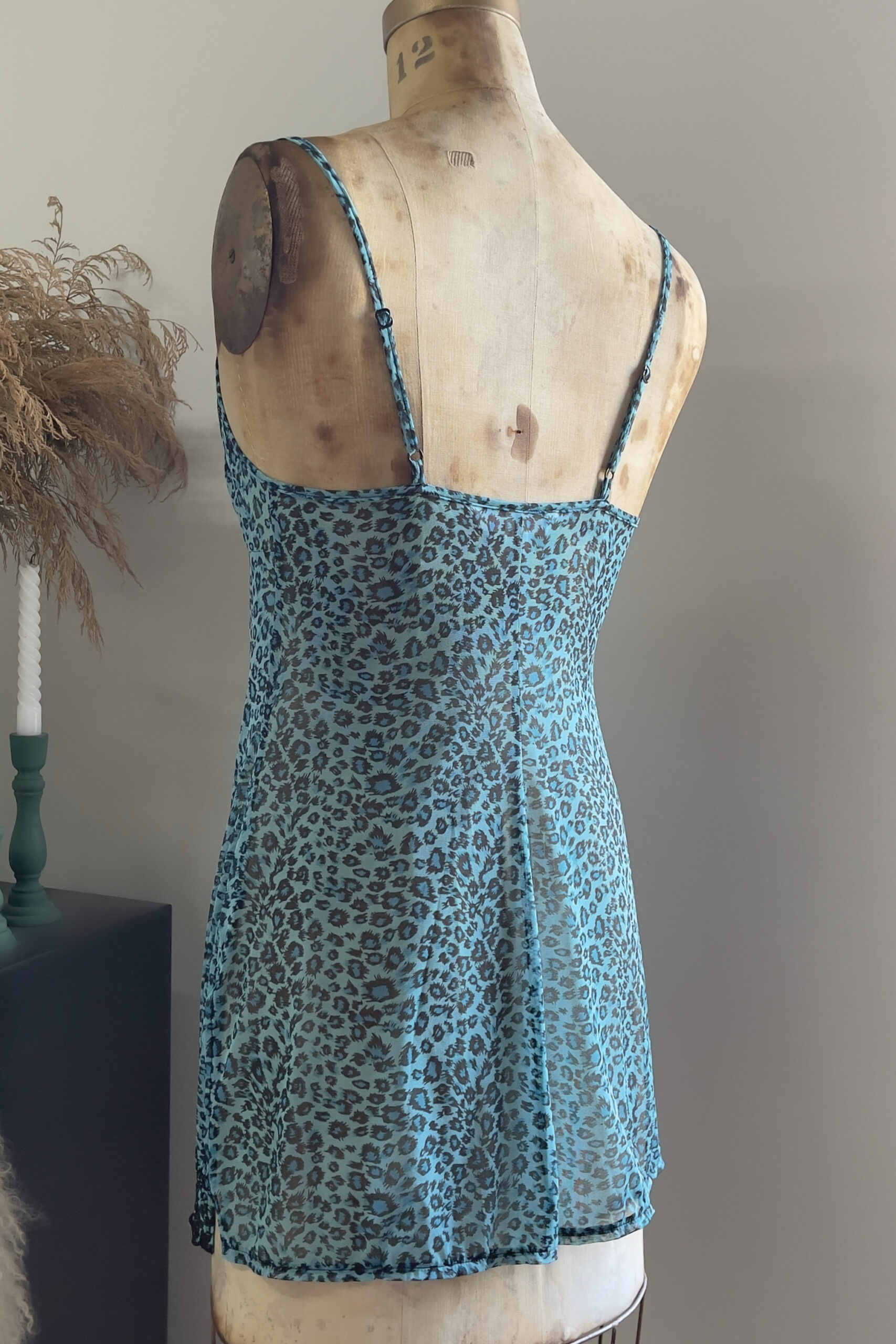 Vintage Blue Leopard Print Semi-Sheer Mesh Slip Dress (S–M) - Image 5