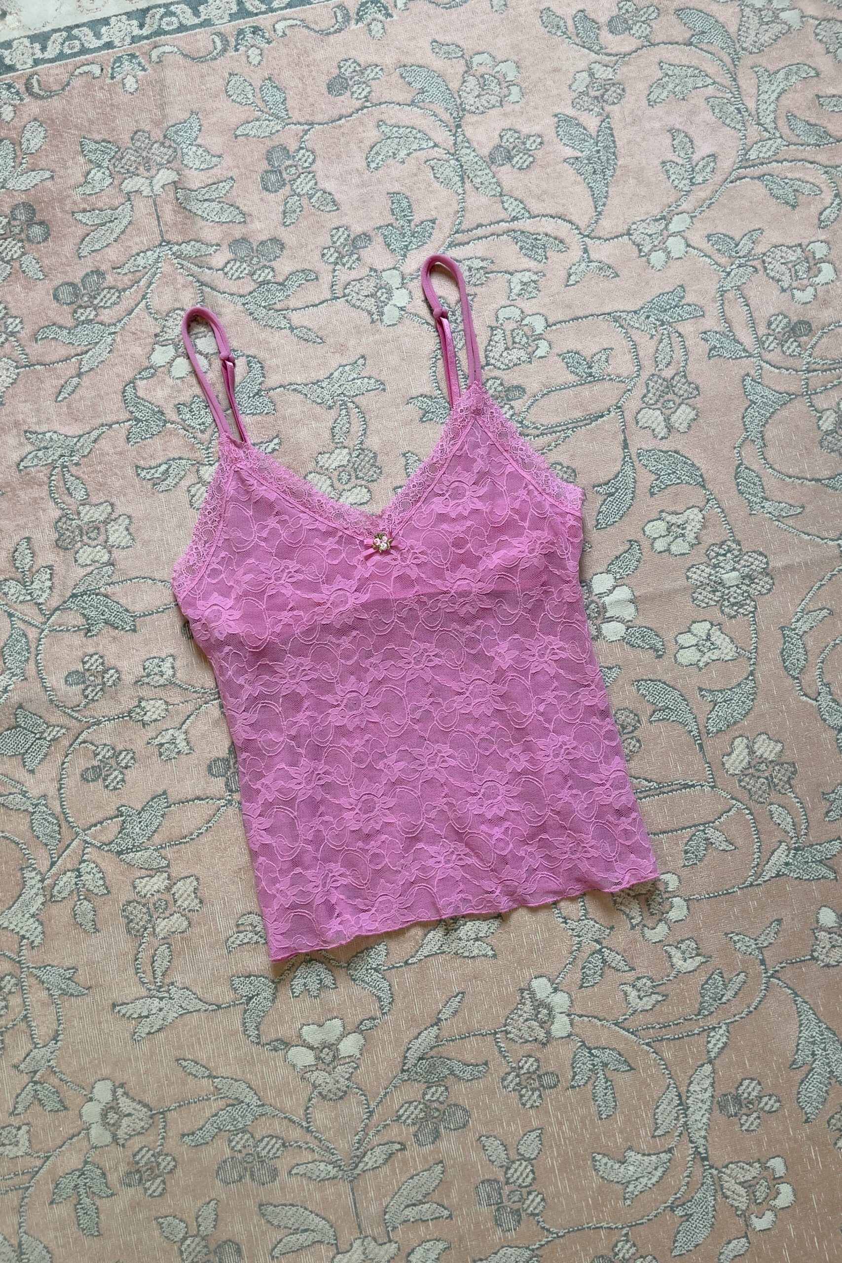 Vintage Bubblegum Pink Floral Mesh Lace Camisole (XS–S) - Image 2