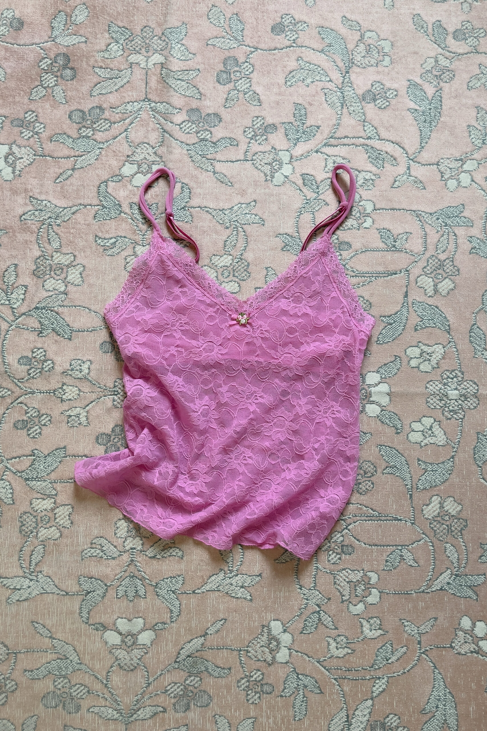 Vintage Bubblegum Pink Floral Mesh Lace Camisole (XS–S) - Image 3