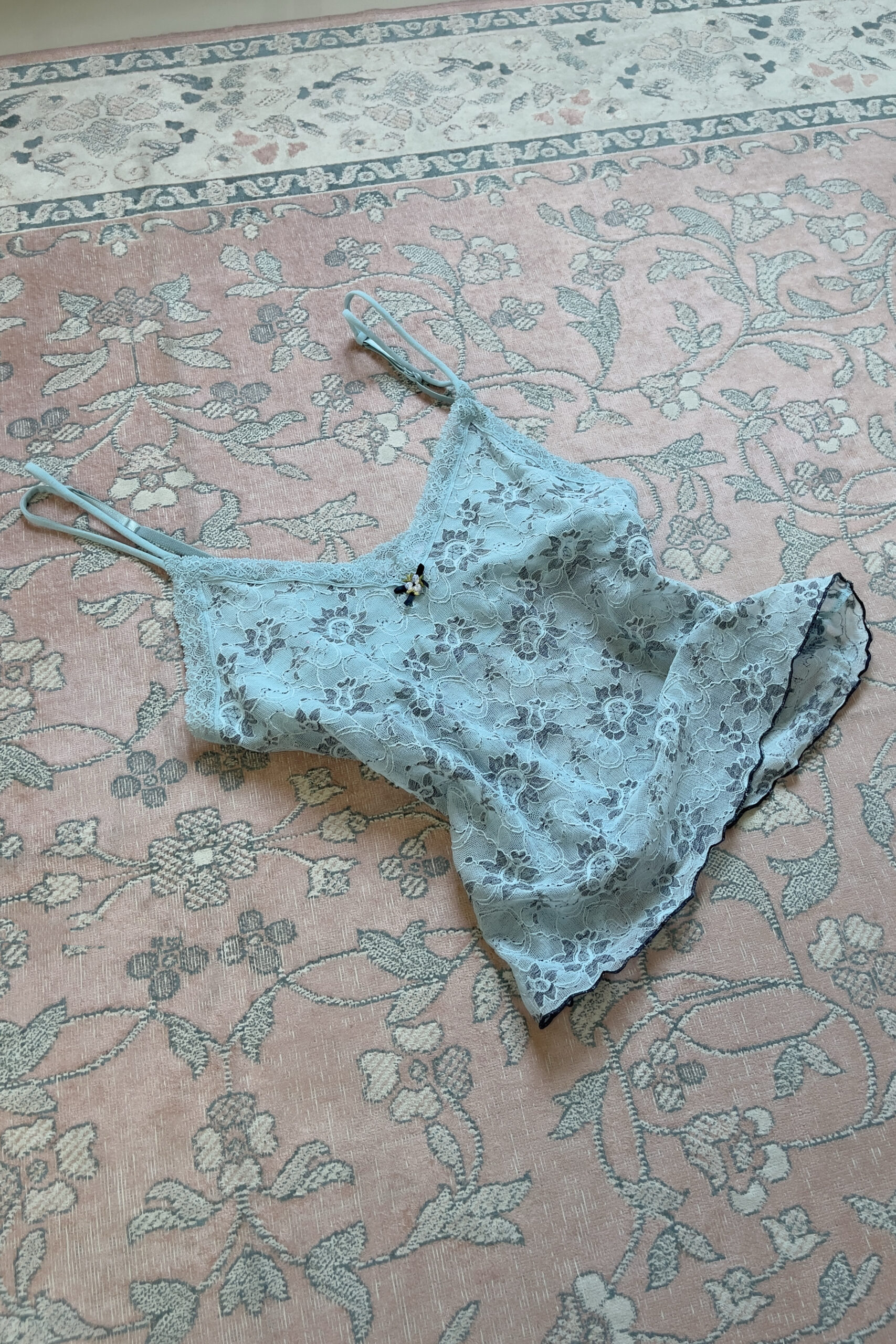 Vintage Dusty Blue Floral Mesh Lace Camisole (M–L)