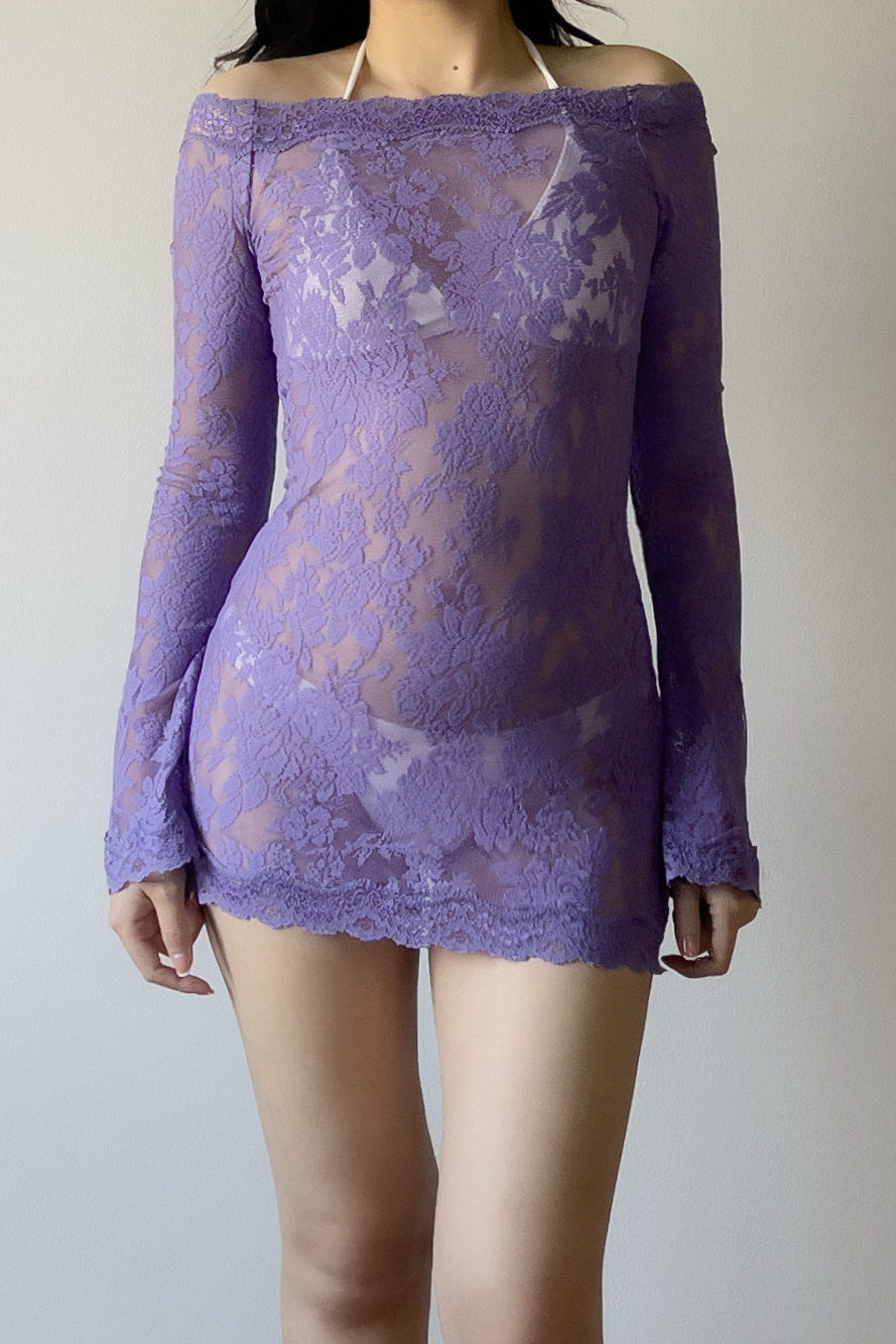 Vintage Deep Lavender Lace Off-Shoulder Mini Slip Dress (XS–S) - Image 3