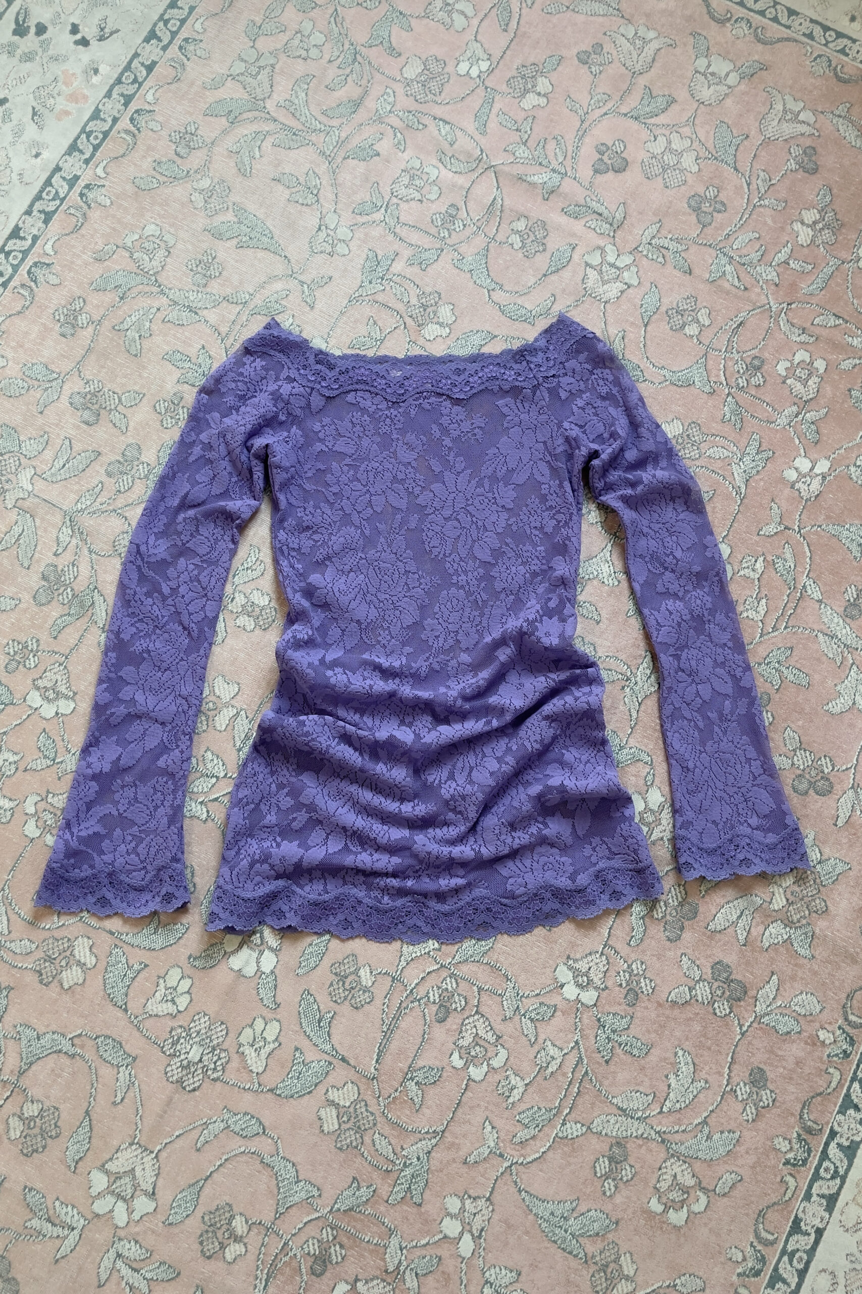 Vintage Deep Lavender Lace Off-Shoulder Mini Slip Dress (XS–S) - Image 7