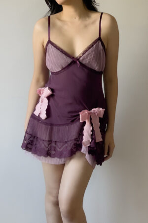 Vintage Deep Plum Silk Pleated Lace Mini Slip Dress (M)