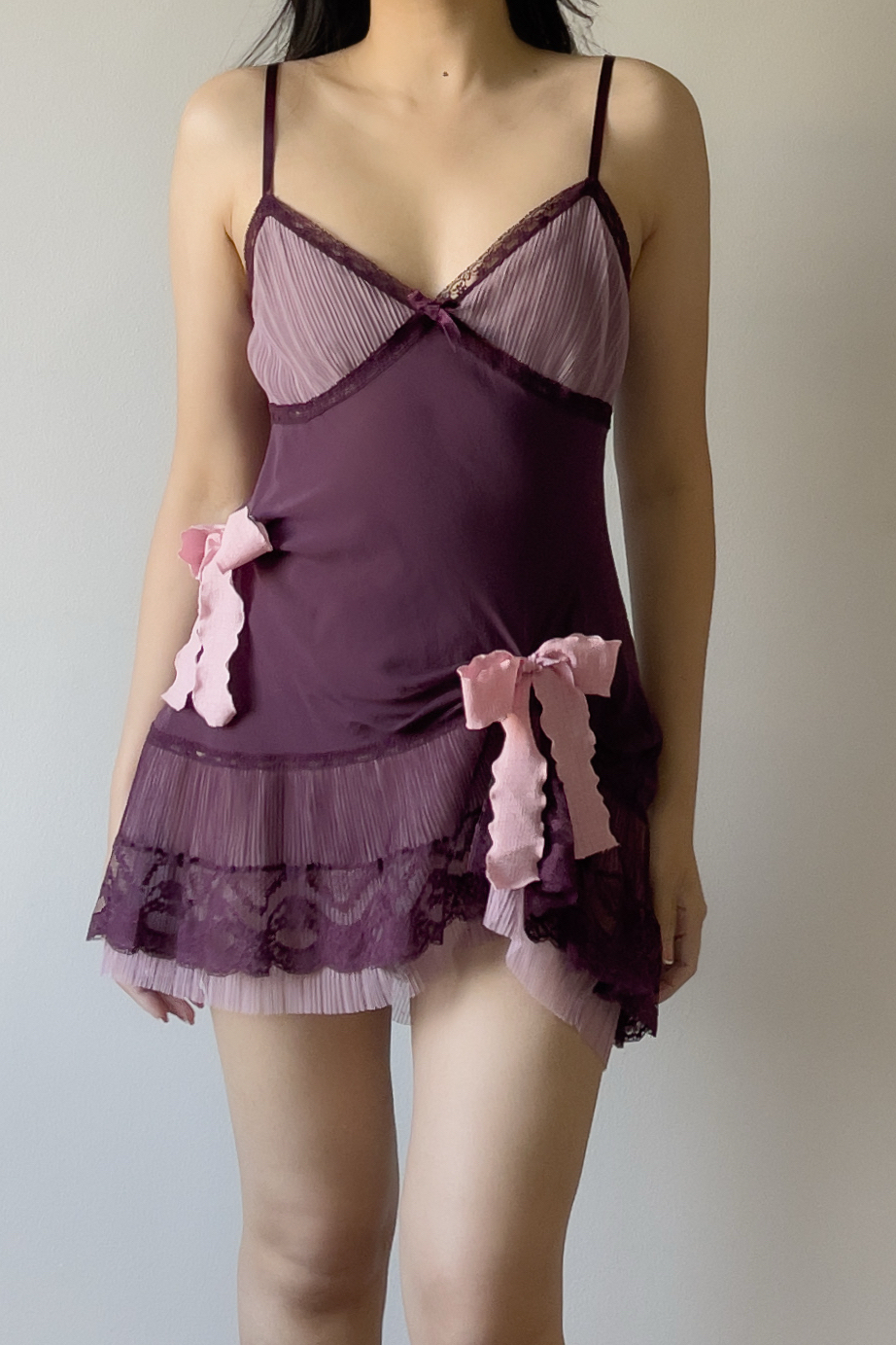 Vintage Deep Plum Silk Pleated Lace Mini Slip Dress (M) - Image 3