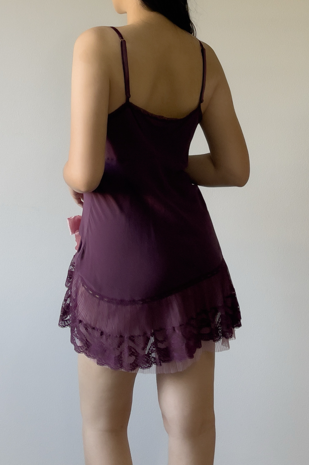 Vintage Deep Plum Silk Pleated Lace Mini Slip Dress (M) - Image 7