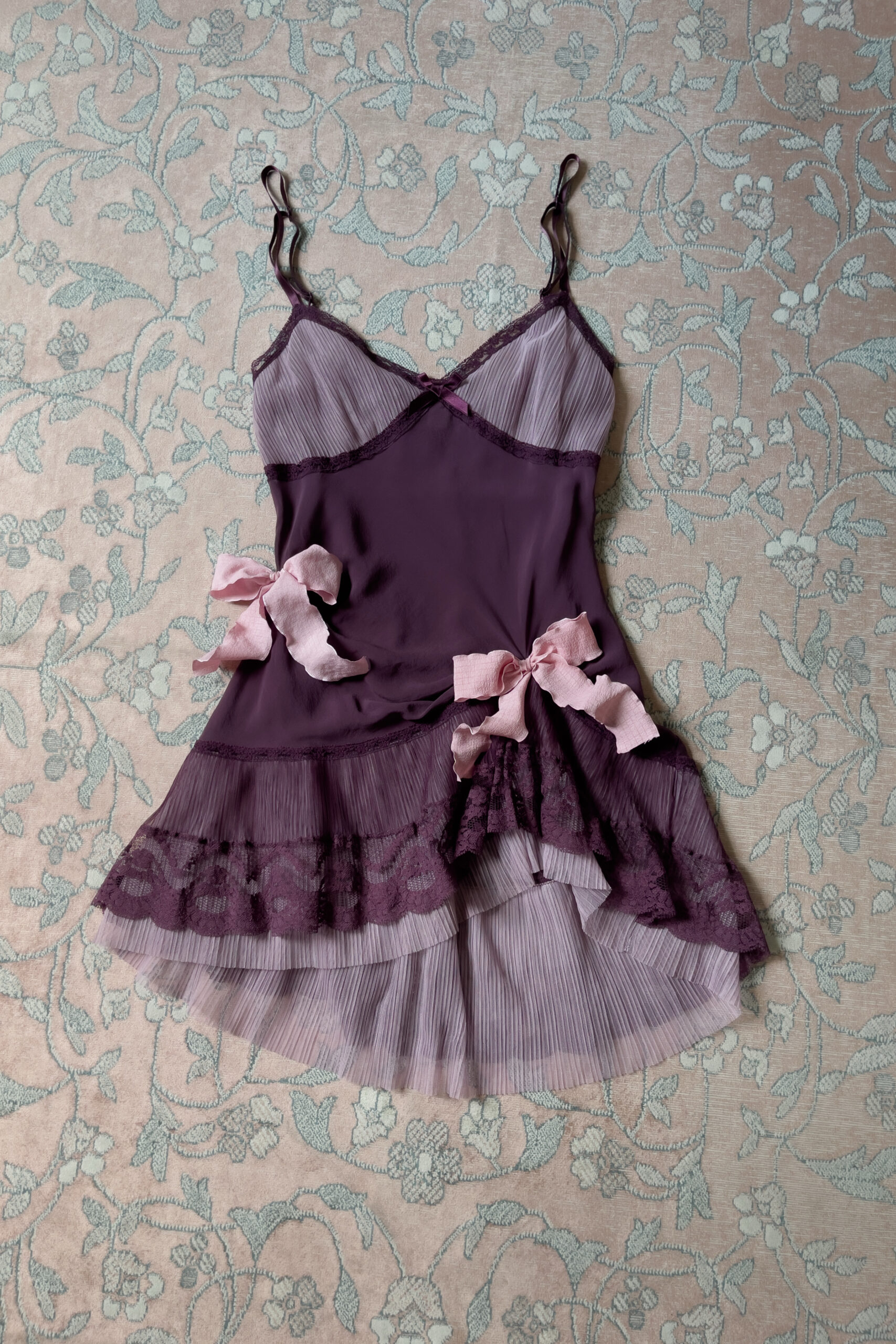 Vintage Deep Plum Silk Pleated Lace Mini Slip Dress (M) - Image 8
