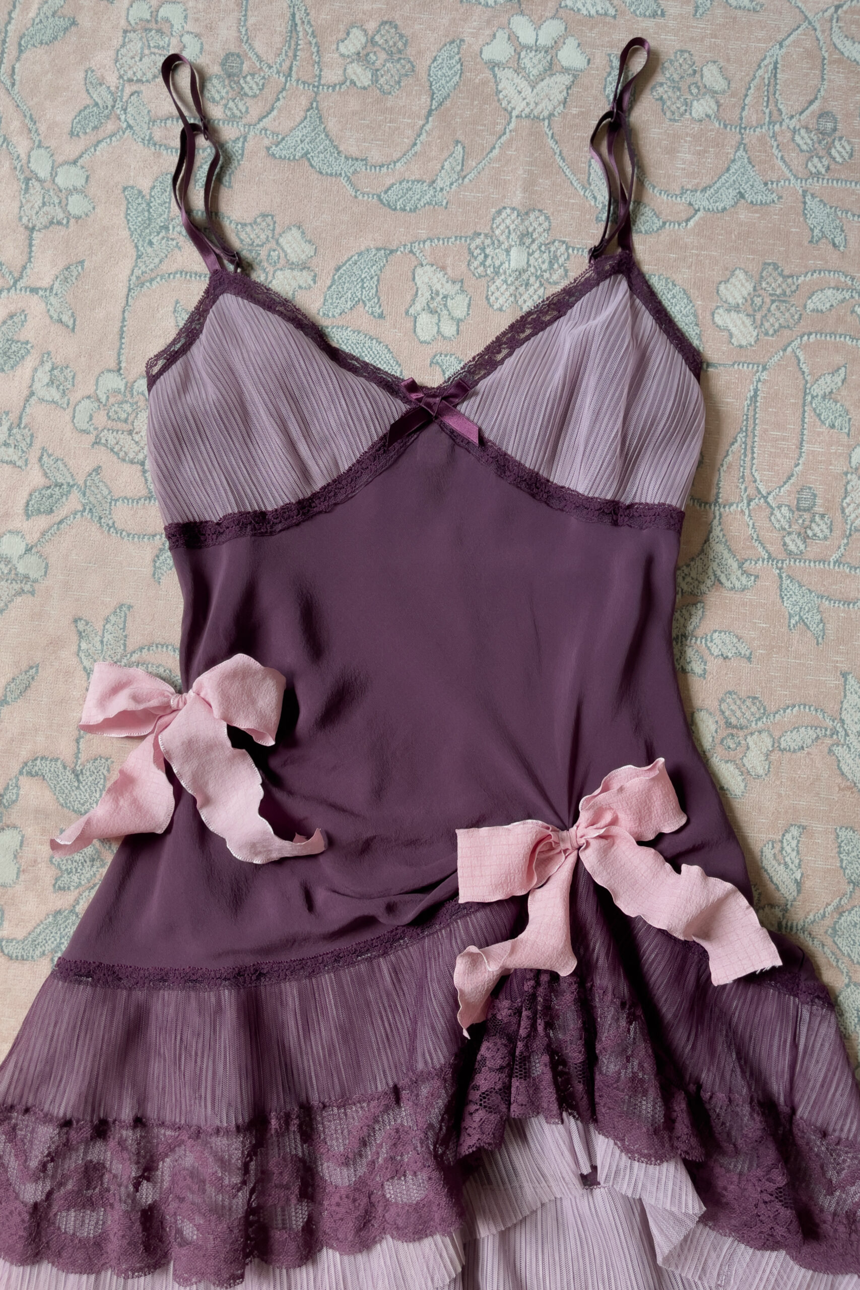 Vintage Deep Plum Silk Pleated Lace Mini Slip Dress (M) - Image 9