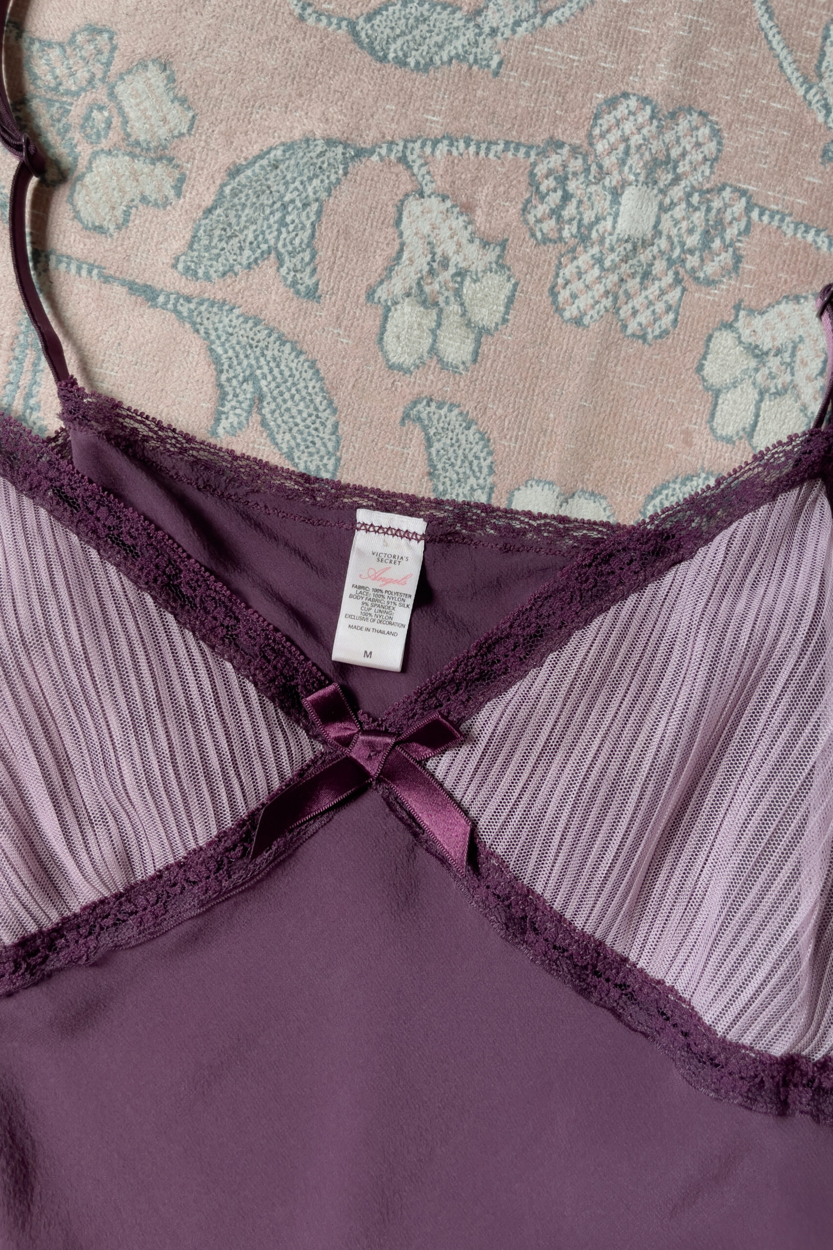 Vintage Deep Plum Silk Pleated Lace Mini Slip Dress (M) - Image 14