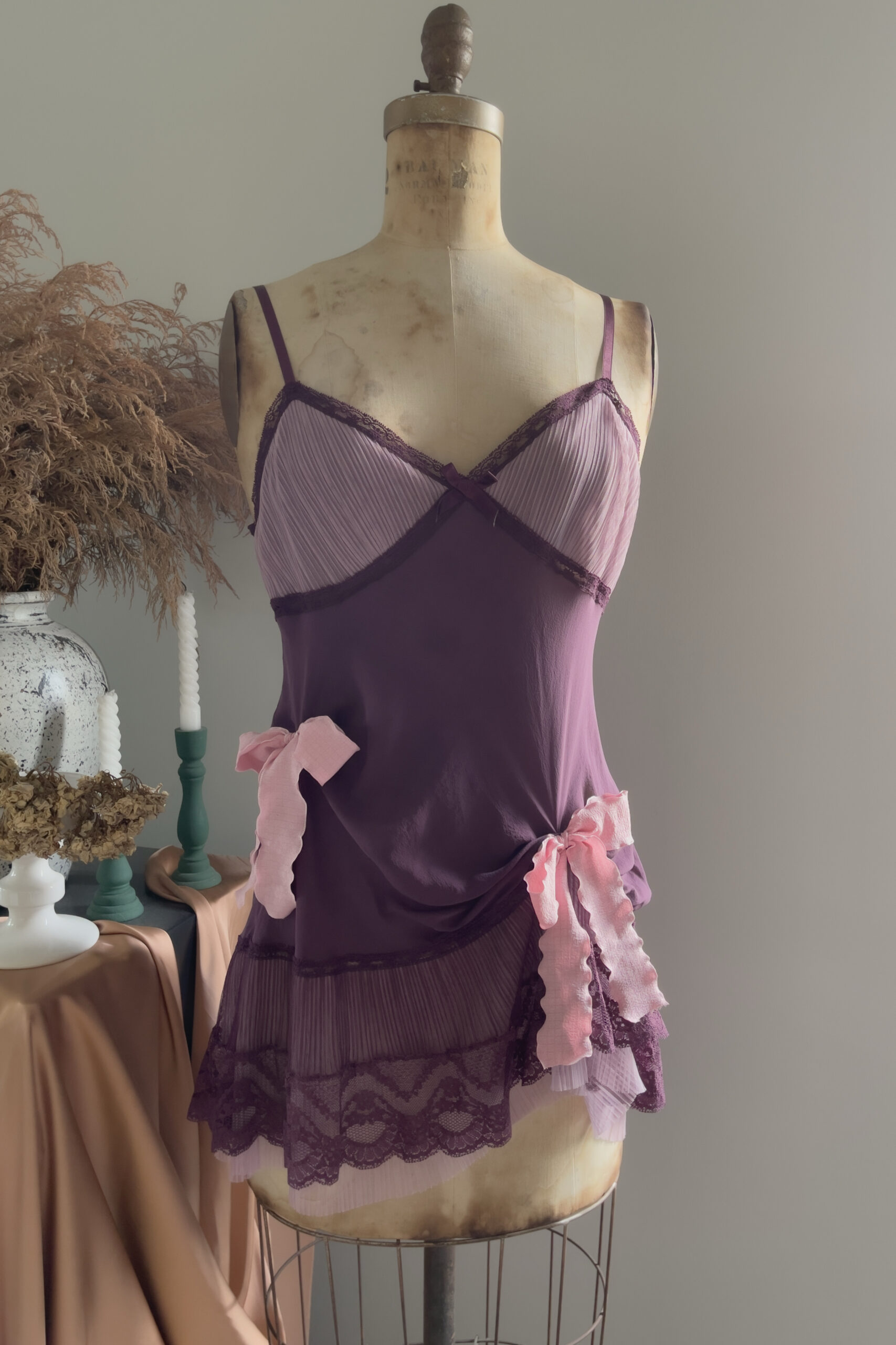 Vintage Deep Plum Silk Pleated Lace Mini Slip Dress (M) - Image 12