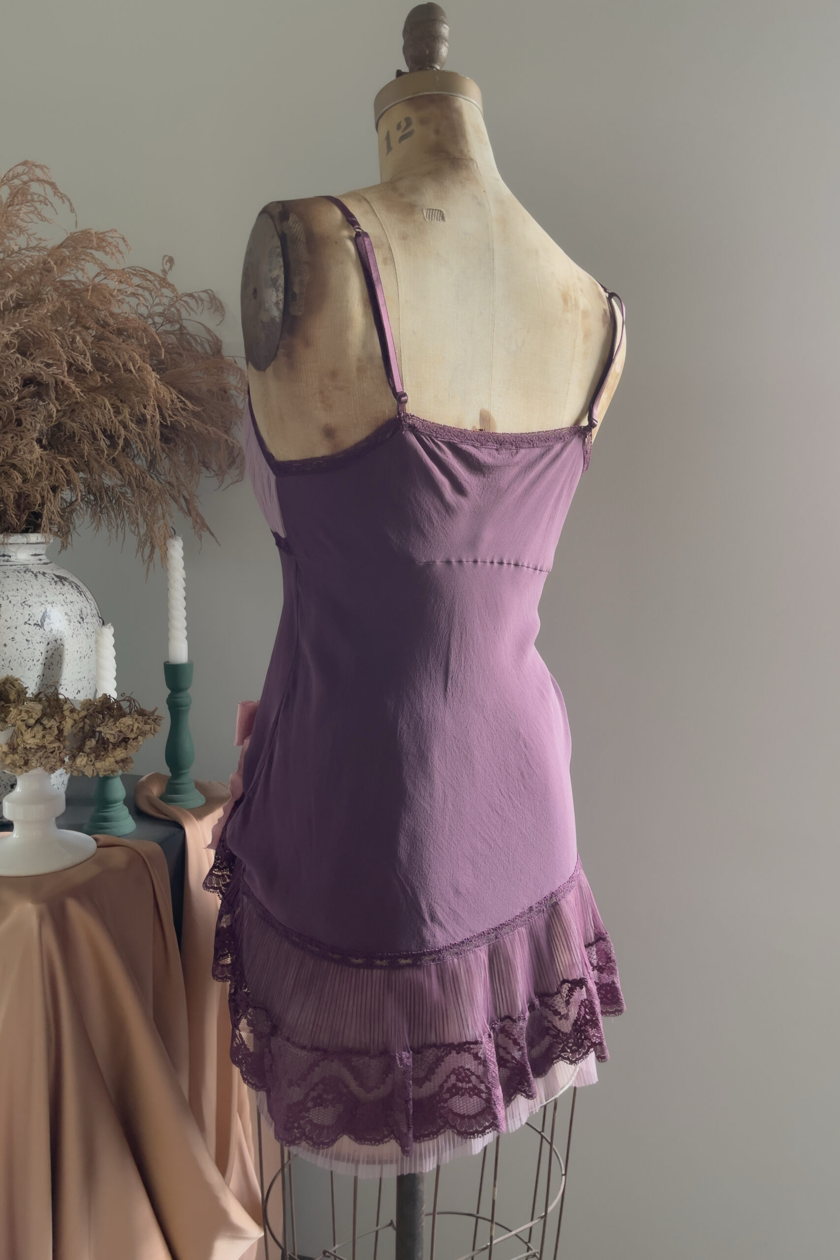 Vintage Deep Plum Silk Pleated Lace Mini Slip Dress (M) - Image 13