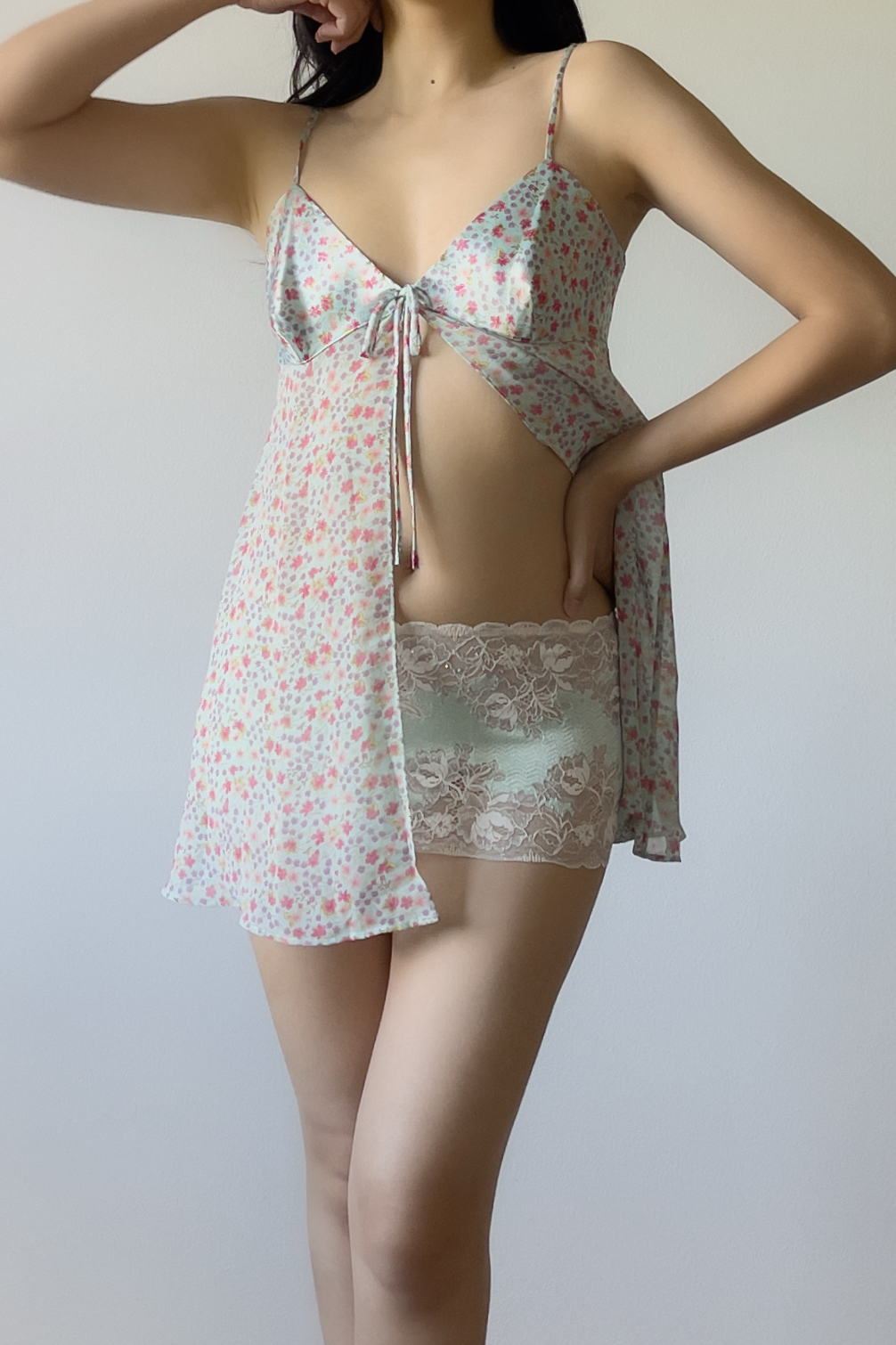 Vintage 1990s Aqua Satin & Floral Chiffon Camisole (S) - Image 3