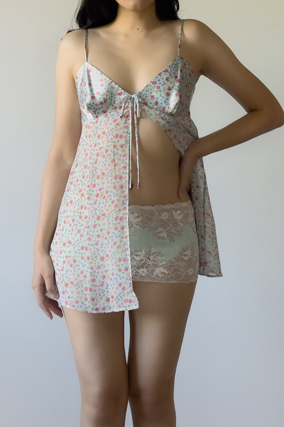 Vintage 1990s Aqua Satin & Floral Chiffon Camisole (S)