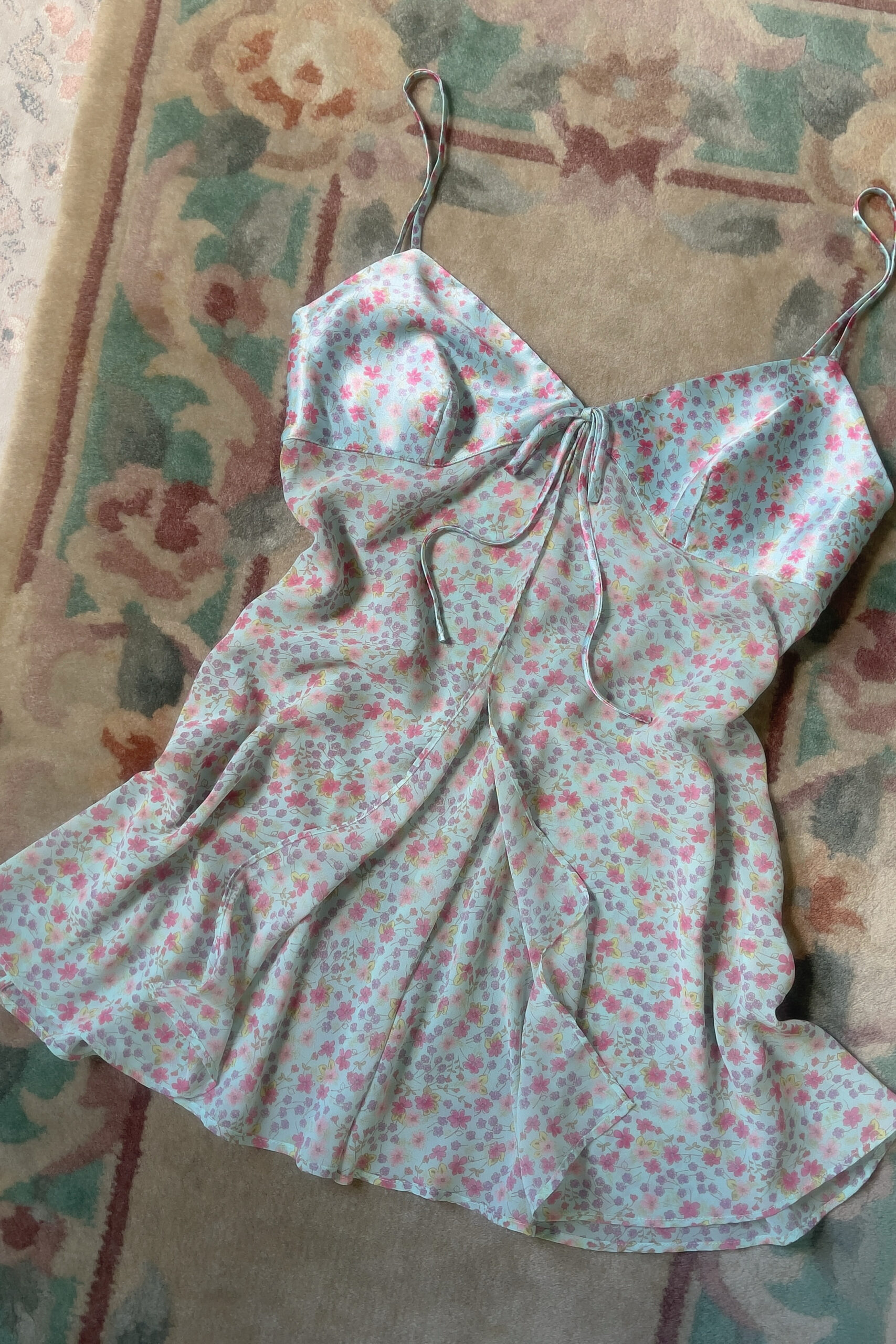 Vintage 1990s Aqua Satin & Floral Chiffon Camisole (S) - Image 7