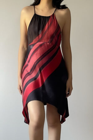Vintage Black Silk Graphic Abstract Halter-Neck Slip Dress (S–M)