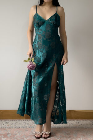 Vintage 1990s Emerald Green Floral Burnout Maxi Slip Dress (L)