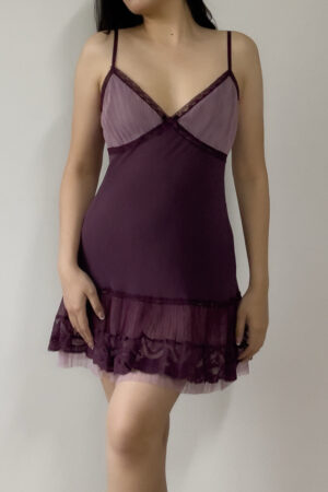Vintage Deep Plum Silk Pleated Lace Mini Slip Dress (L)