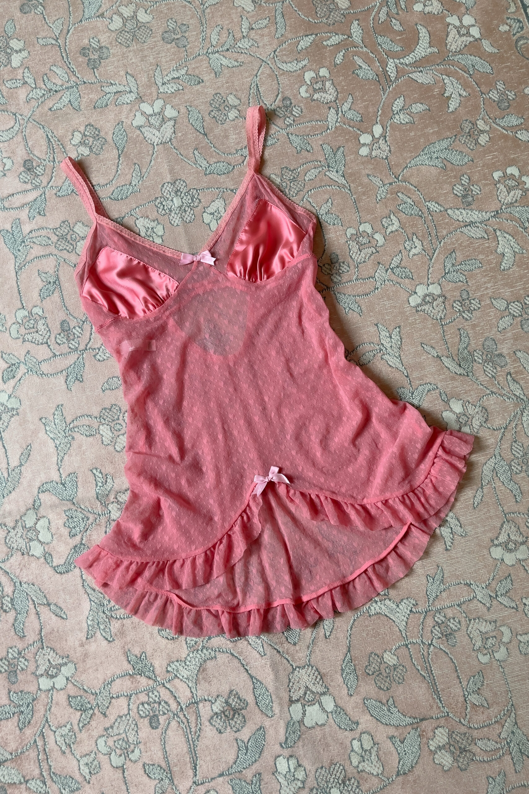 Vintage Rose Pink Heart Mesh Mini Slip Dress (M) - Image 5