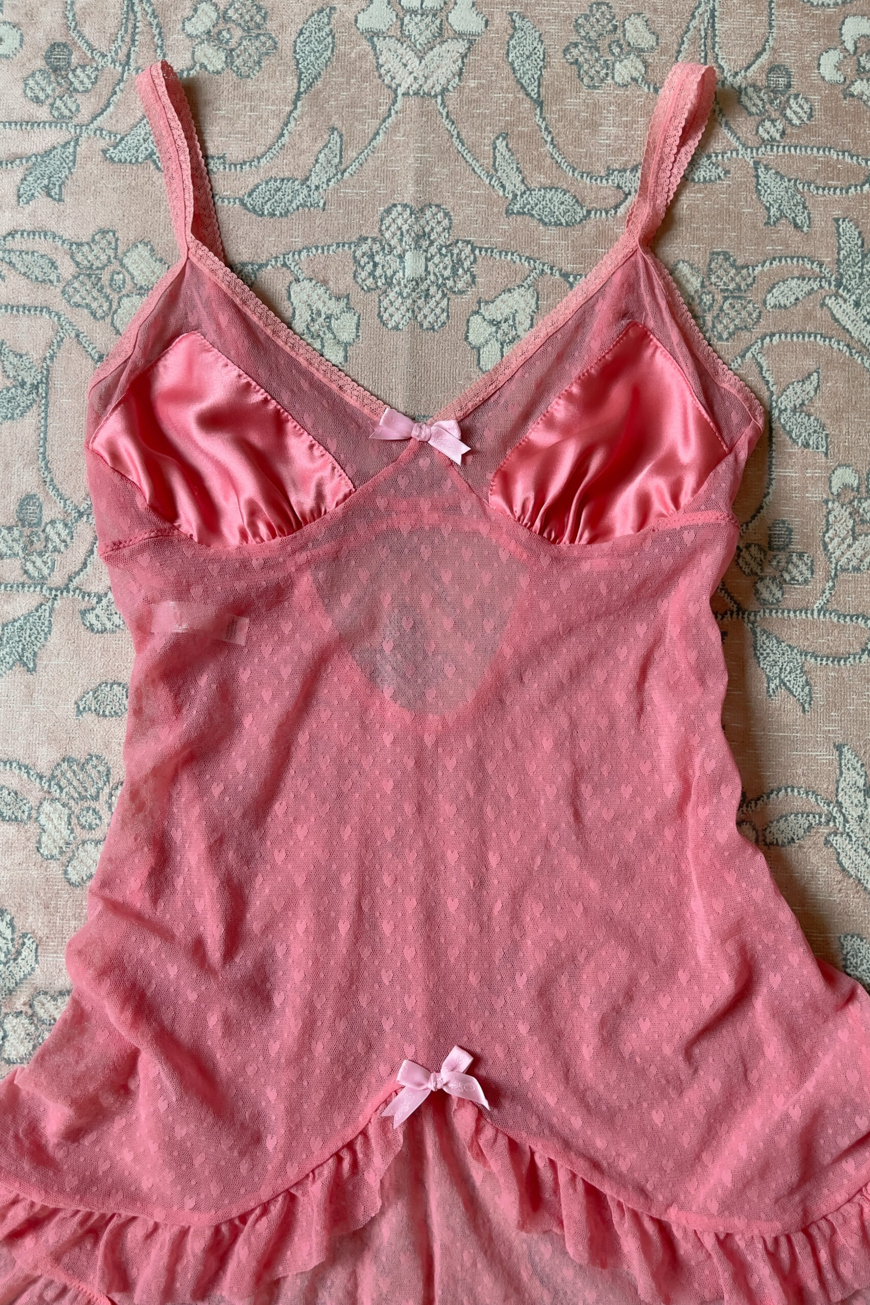 Vintage Rose Pink Heart Mesh Mini Slip Dress (M) - Image 4