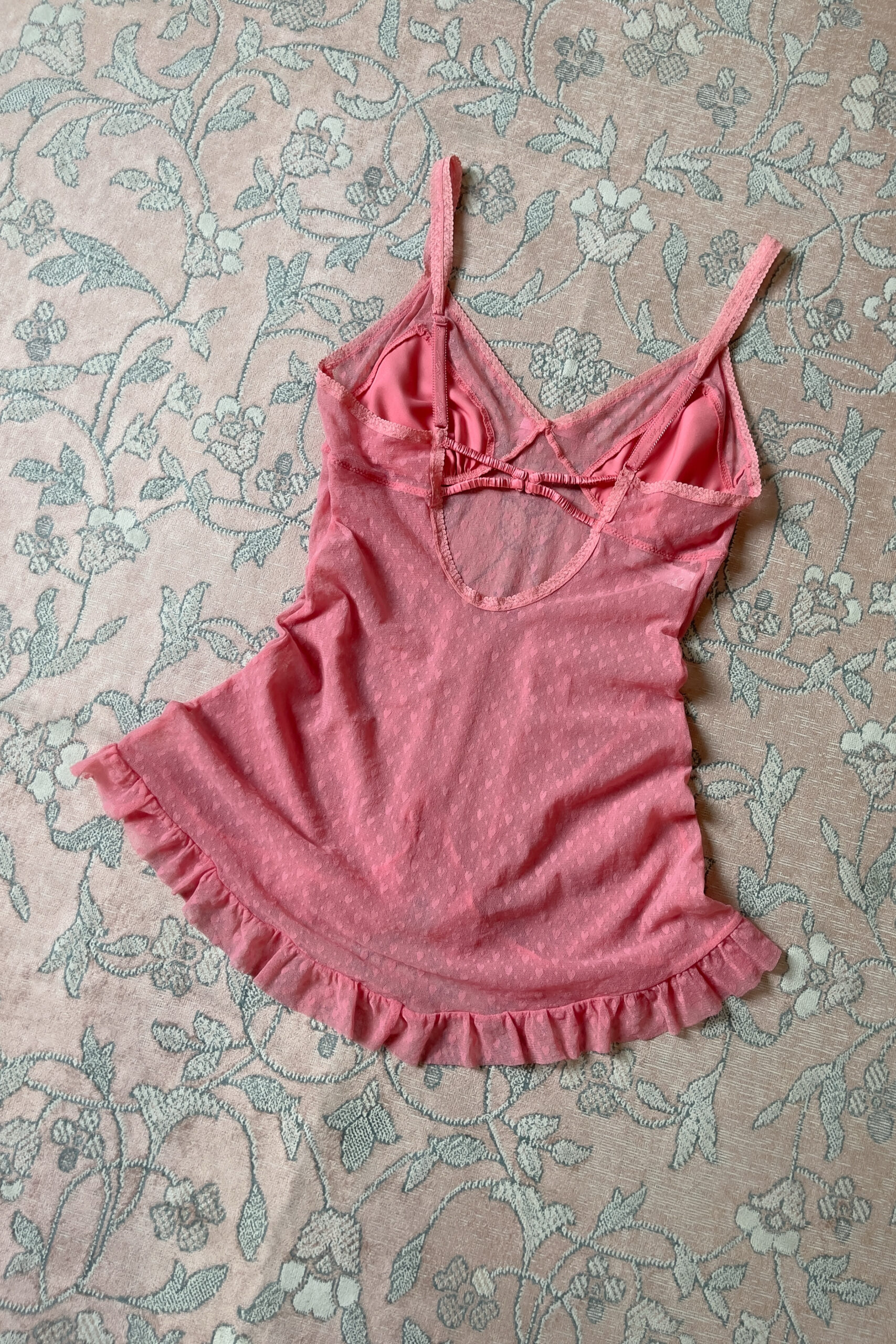 Vintage Rose Pink Heart Mesh Mini Slip Dress (M) - Image 8