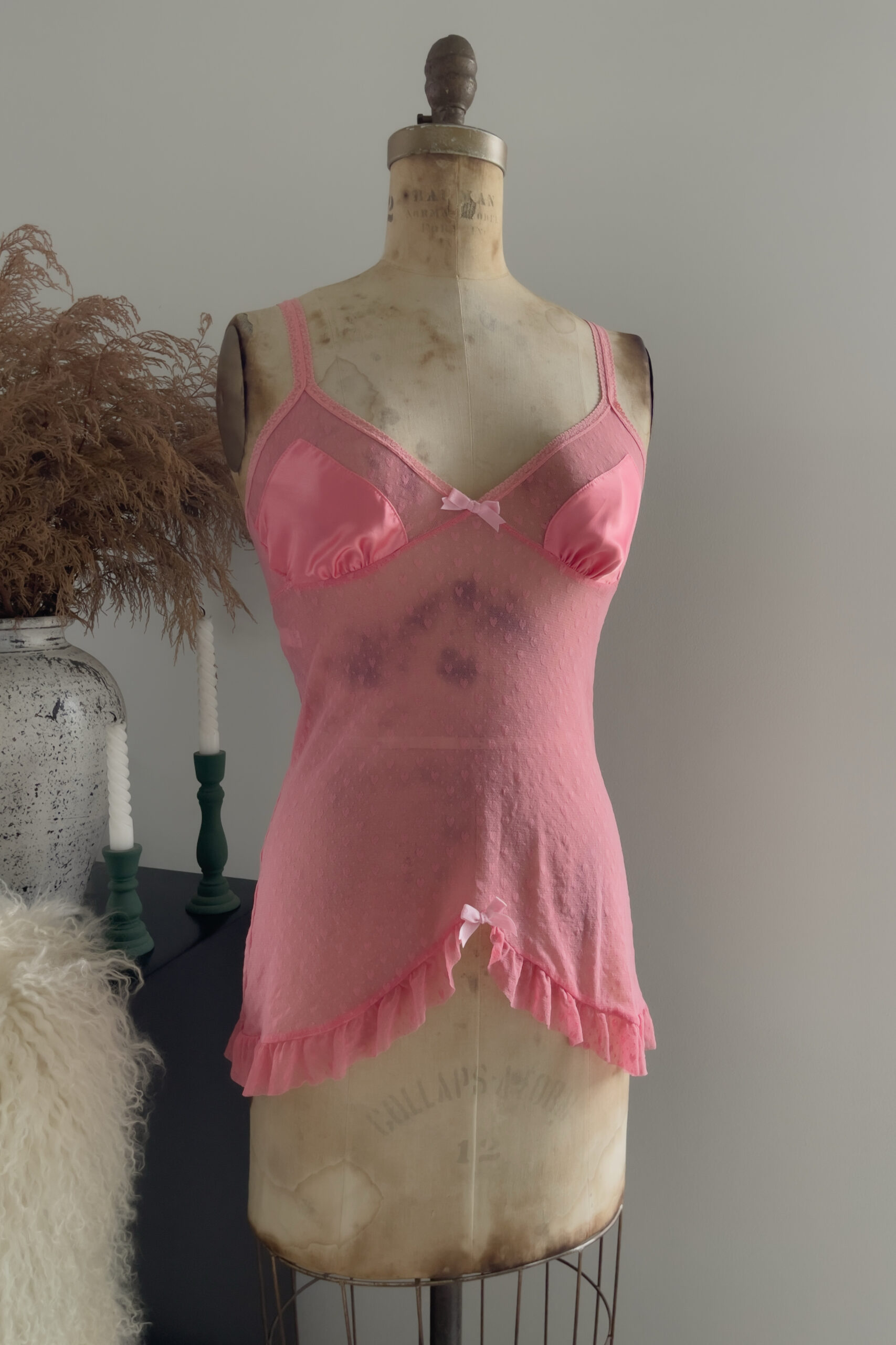 Vintage Rose Pink Heart Mesh Mini Slip Dress (M) - Image 10