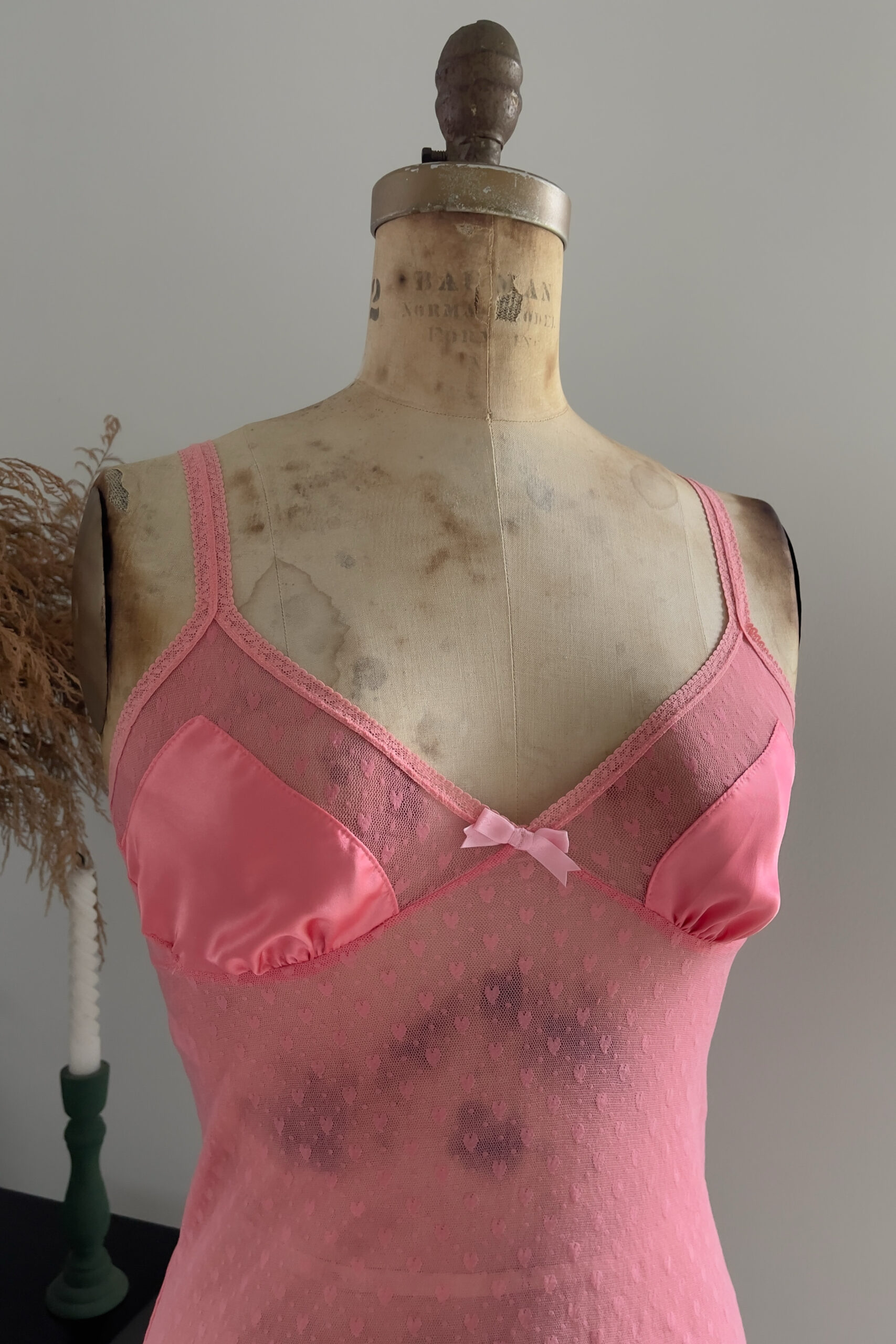 Vintage Rose Pink Heart Mesh Mini Slip Dress (M) - Image 11