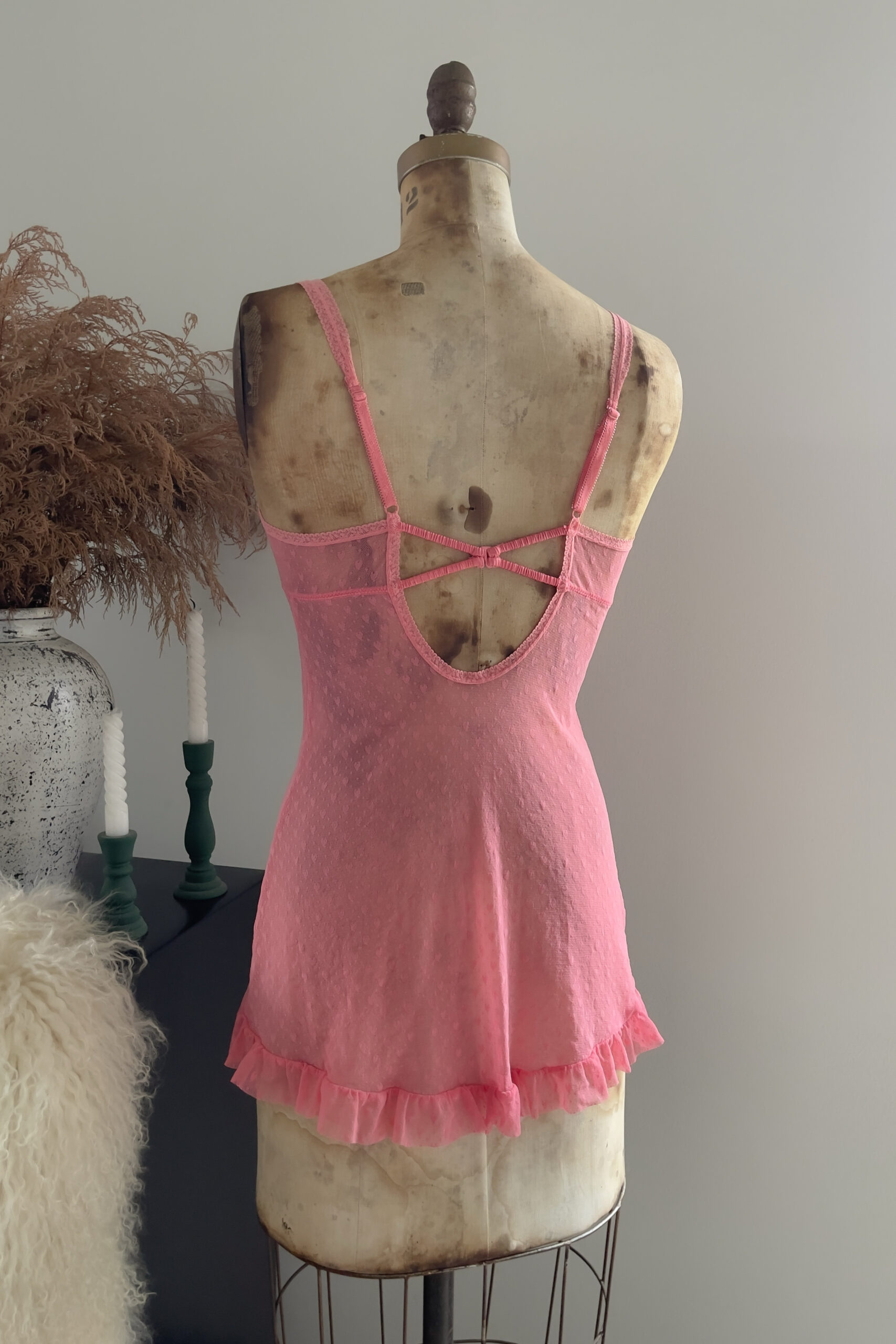 Vintage Rose Pink Heart Mesh Mini Slip Dress (M) - Image 12