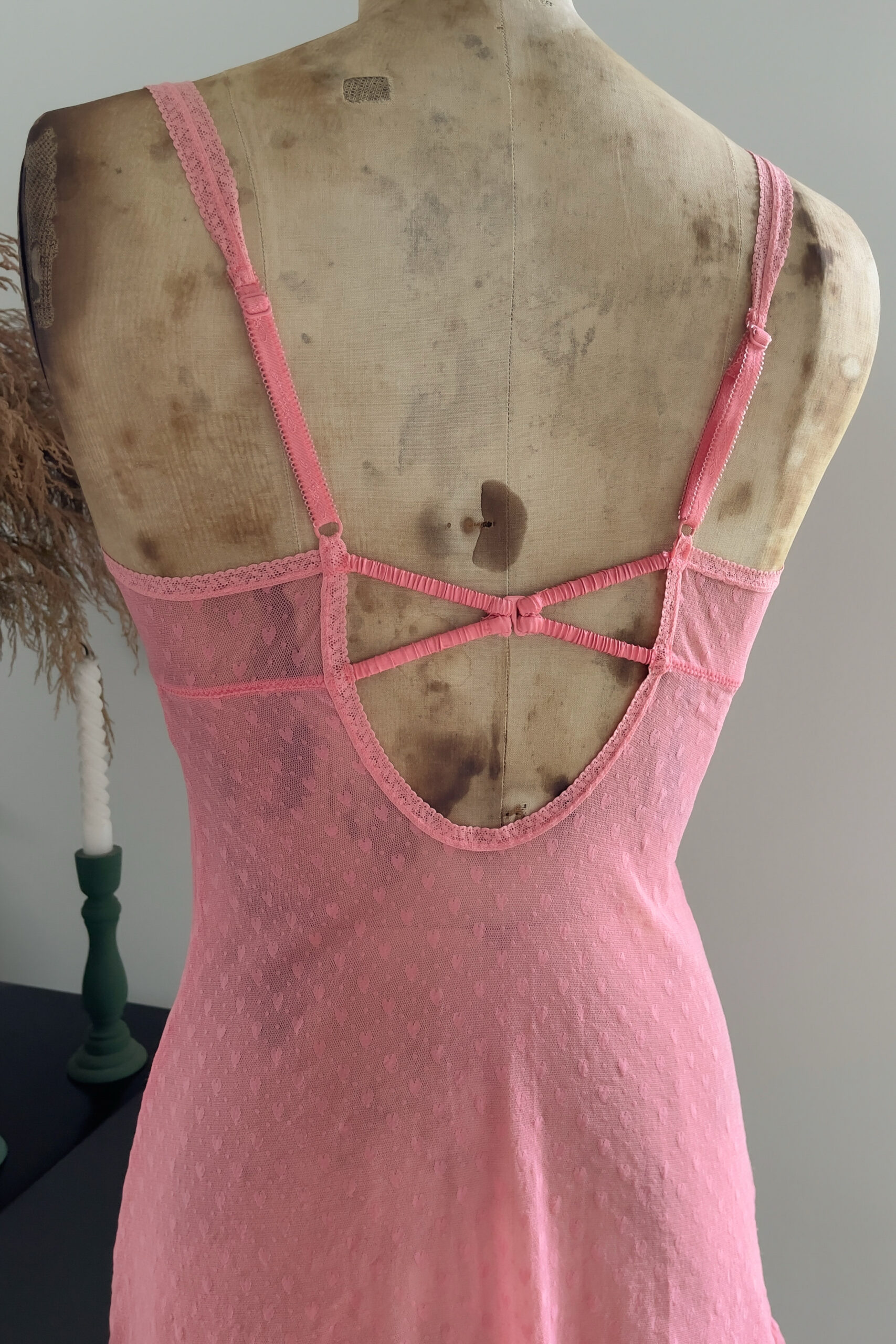 Vintage Rose Pink Heart Mesh Mini Slip Dress (M) - Image 13