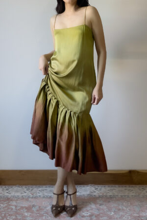Vintage 1990s Green Brown Hand-Dyed Silk Slip Dress (S–M)