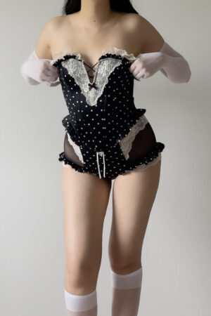 Black Polka Dot Strapless Bustier Lingerie Set (XS–S)