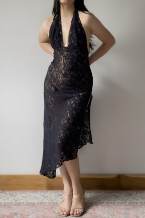 Vintage Black Lace Halter Slip Dress (L)