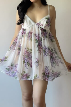 Vintage 1990s White Purple Floral Chiffon Mini Slip Dress (S)
