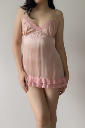 Vintage Blush Peach Pink Silk Lace Mini Slip Dress (M)