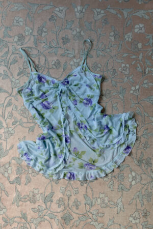 Vintage Blue Floral Mesh Semi-Sheer Open Front Camisole (L)